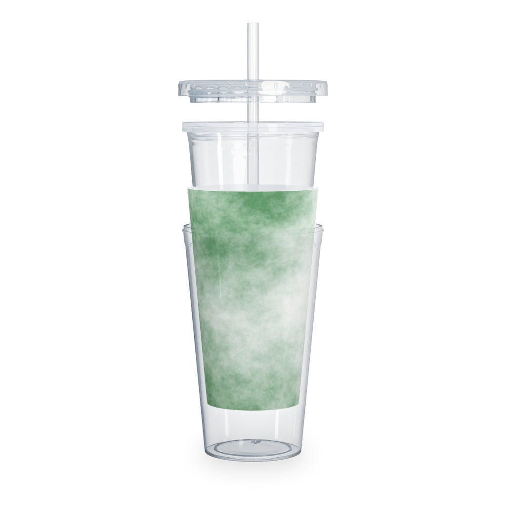 Green Clouds Plastic Tumbler with Straw, featuring a vibrant green design and double wall insulation for temperature retention.