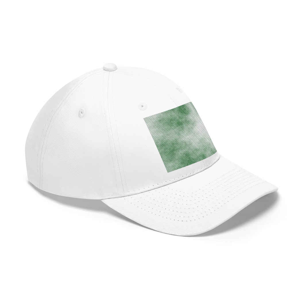 Green Clouds Unisex Twill Hat featuring a classic 6-panel design and adjustable Velcro closure, made from 100% cotton twill.