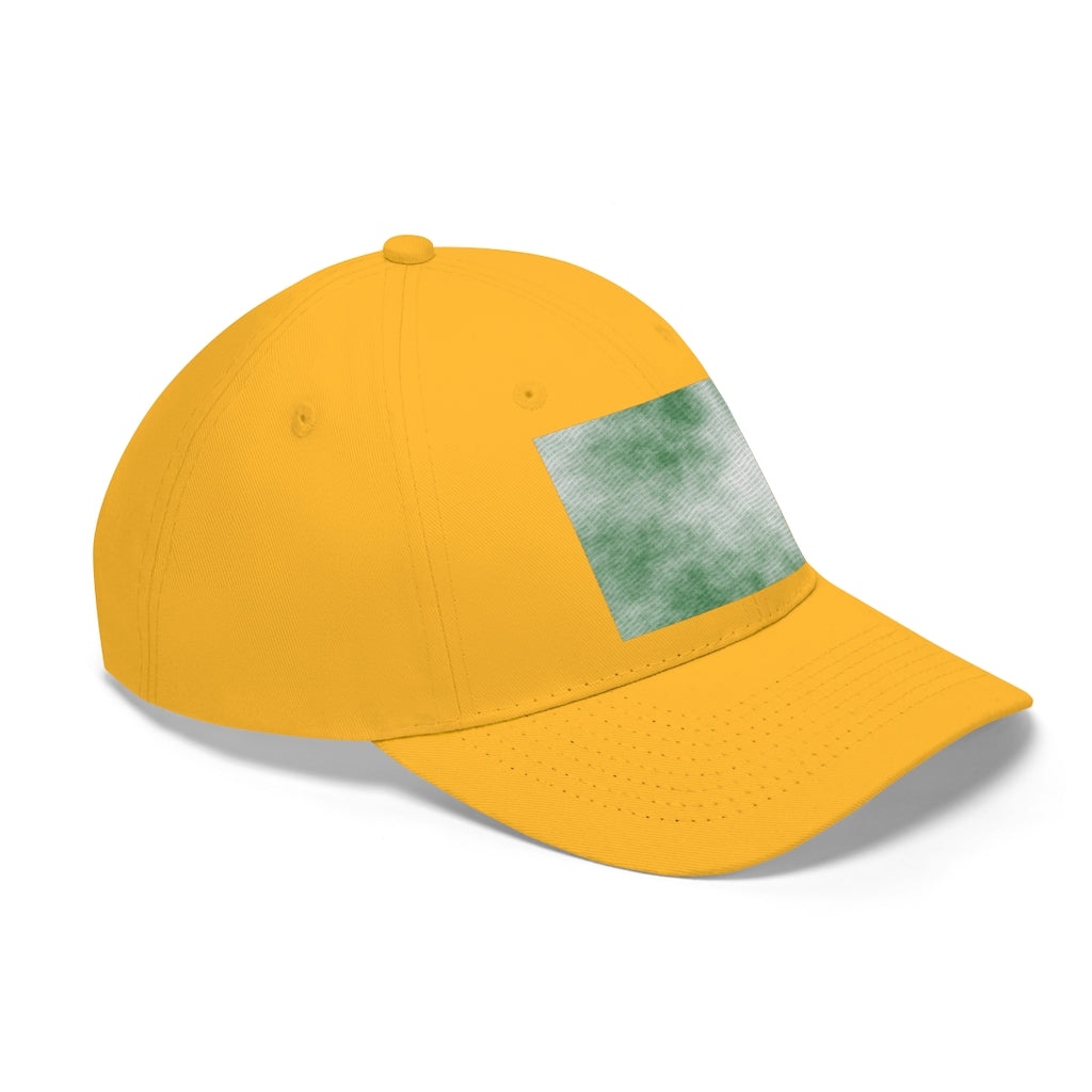 Green Clouds Unisex Twill Hat featuring a classic 6-panel design and adjustable Velcro closure, made from 100% cotton twill.