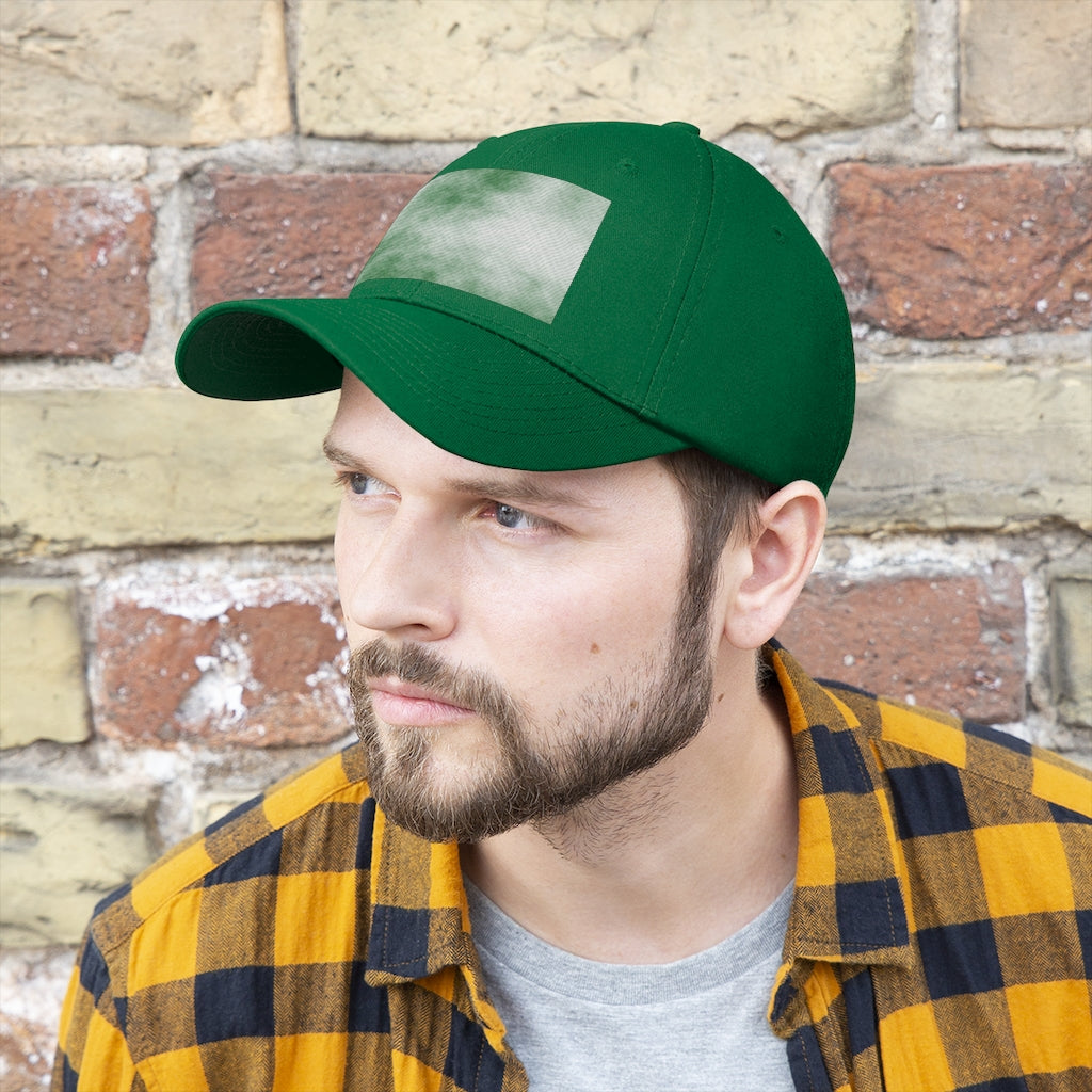 Green Clouds Unisex Twill Hat featuring a classic 6-panel design and adjustable Velcro closure, made from 100% cotton twill.