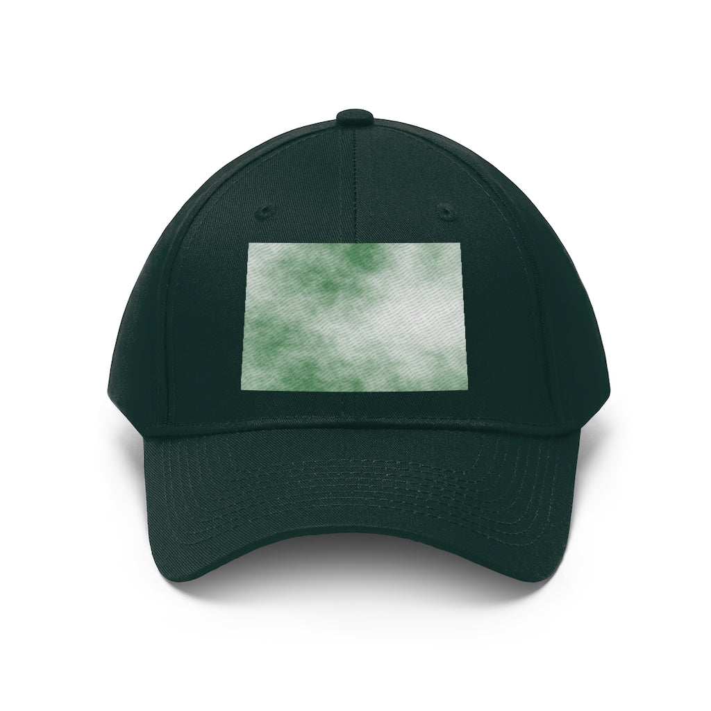 Green Clouds Unisex Twill Hat featuring a classic 6-panel design and adjustable Velcro closure, made from 100% cotton twill.