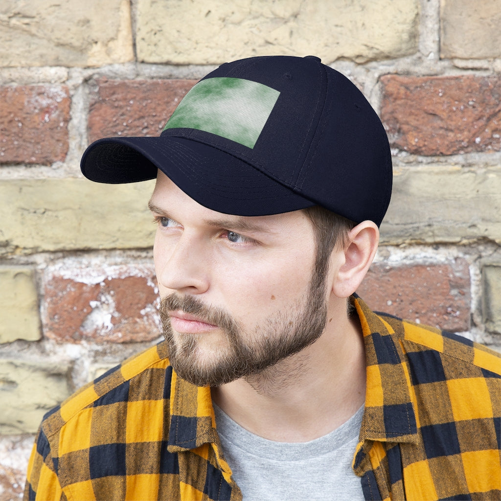 Green Clouds Unisex Twill Hat featuring a classic 6-panel design and adjustable Velcro closure, made from 100% cotton twill.