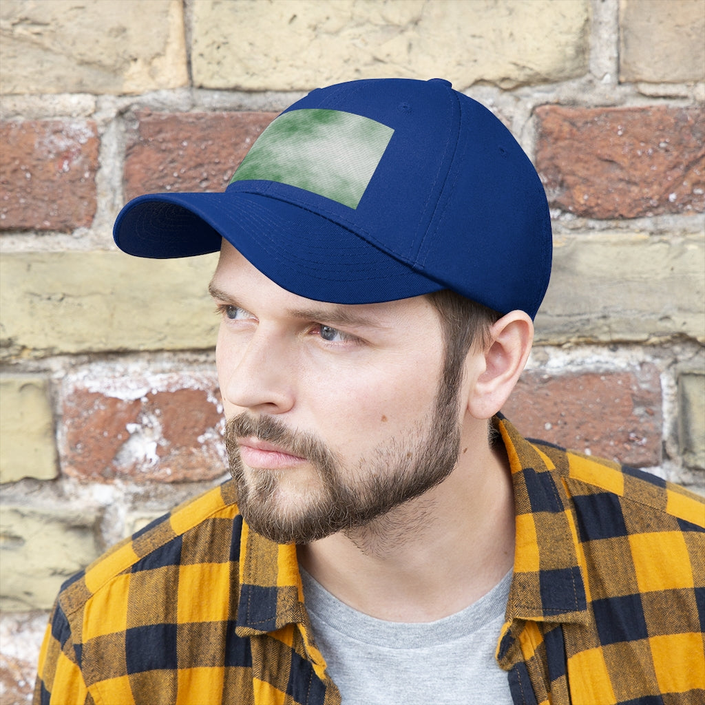 Green Clouds Unisex Twill Hat featuring a classic 6-panel design and adjustable Velcro closure, made from 100% cotton twill.