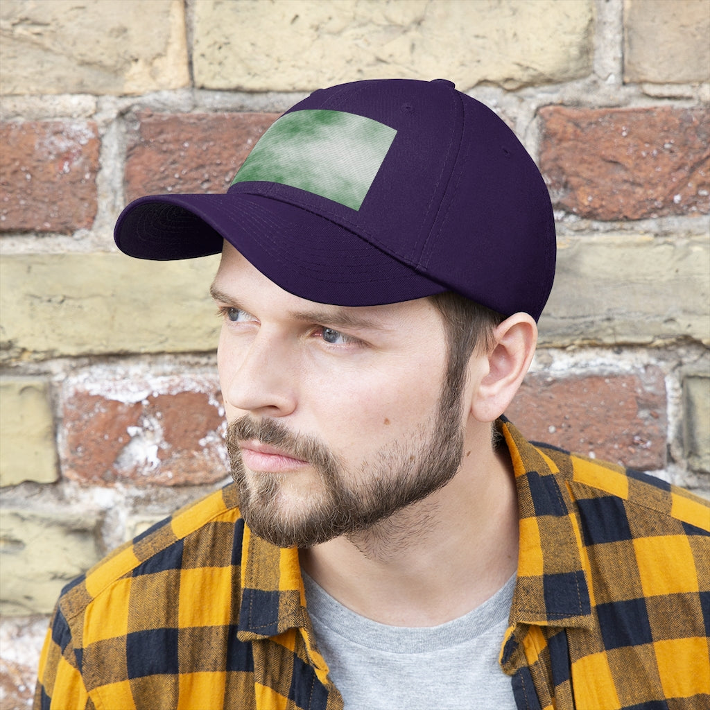 Green Clouds Unisex Twill Hat featuring a classic 6-panel design and adjustable Velcro closure, made from 100% cotton twill.