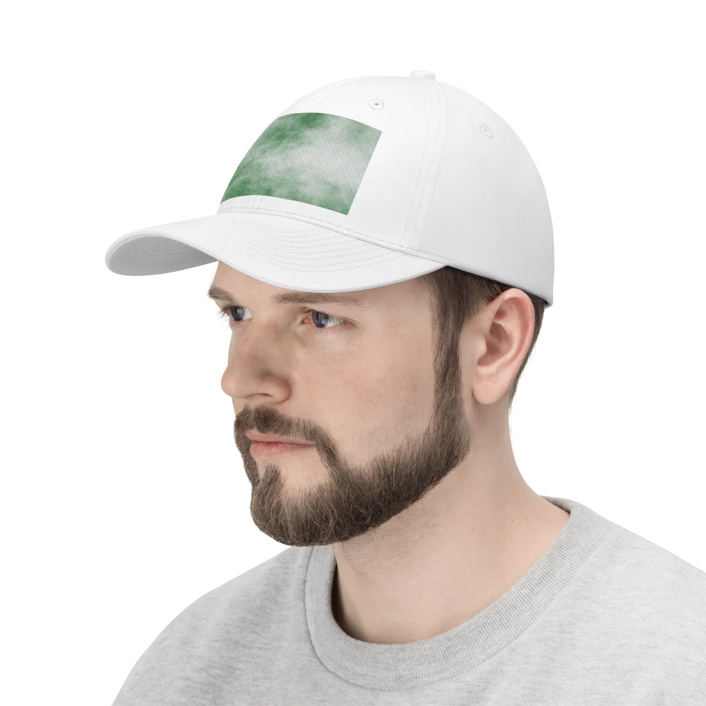 Green Clouds Unisex Twill Hat featuring a classic 6-panel design and adjustable Velcro closure, made from 100% cotton twill.