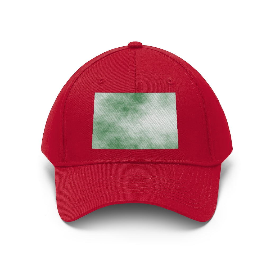 Green Clouds Unisex Twill Hat featuring a classic 6-panel design and adjustable Velcro closure, made from 100% cotton twill.