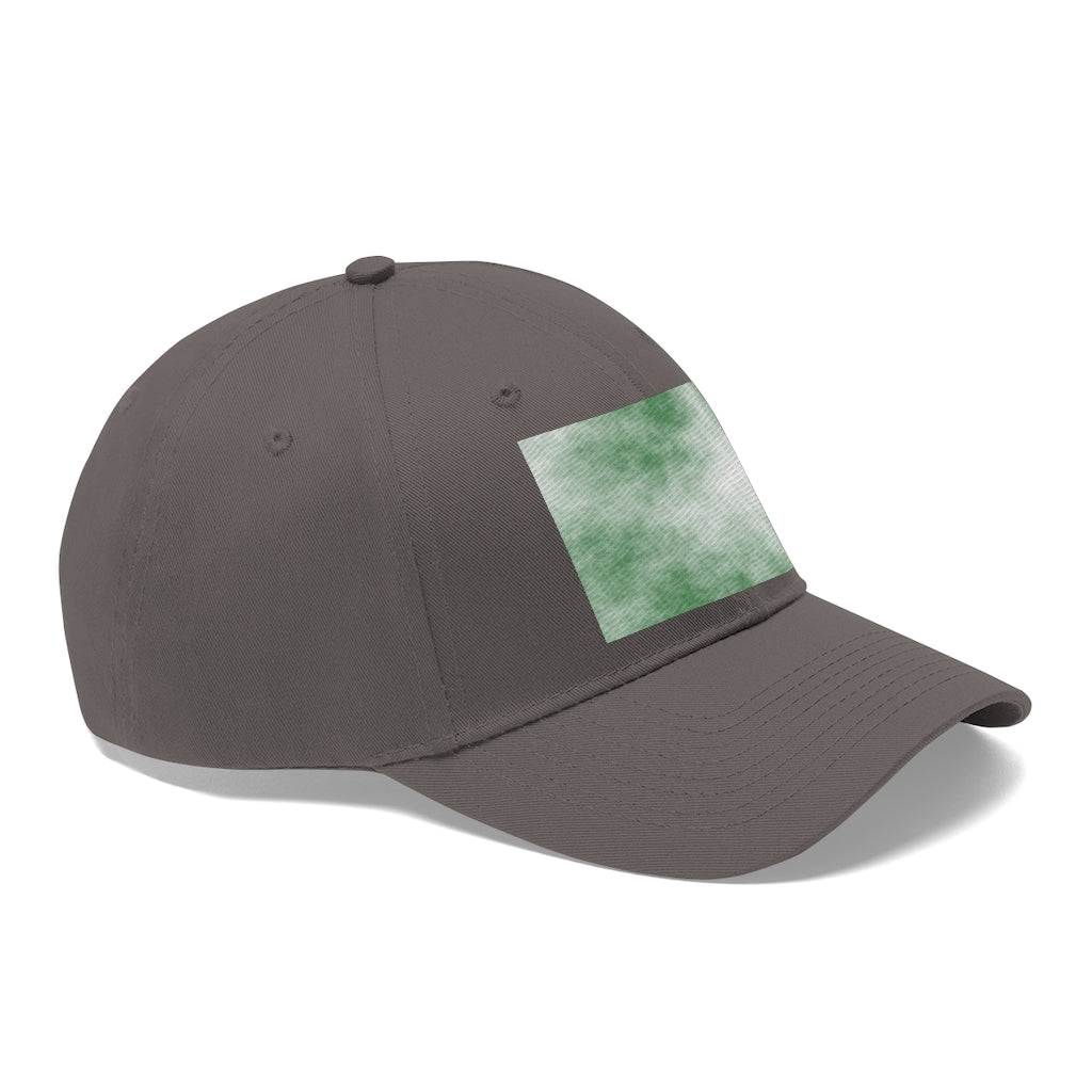 Green Clouds Unisex Twill Hat featuring a classic 6-panel design and adjustable Velcro closure, made from 100% cotton twill.