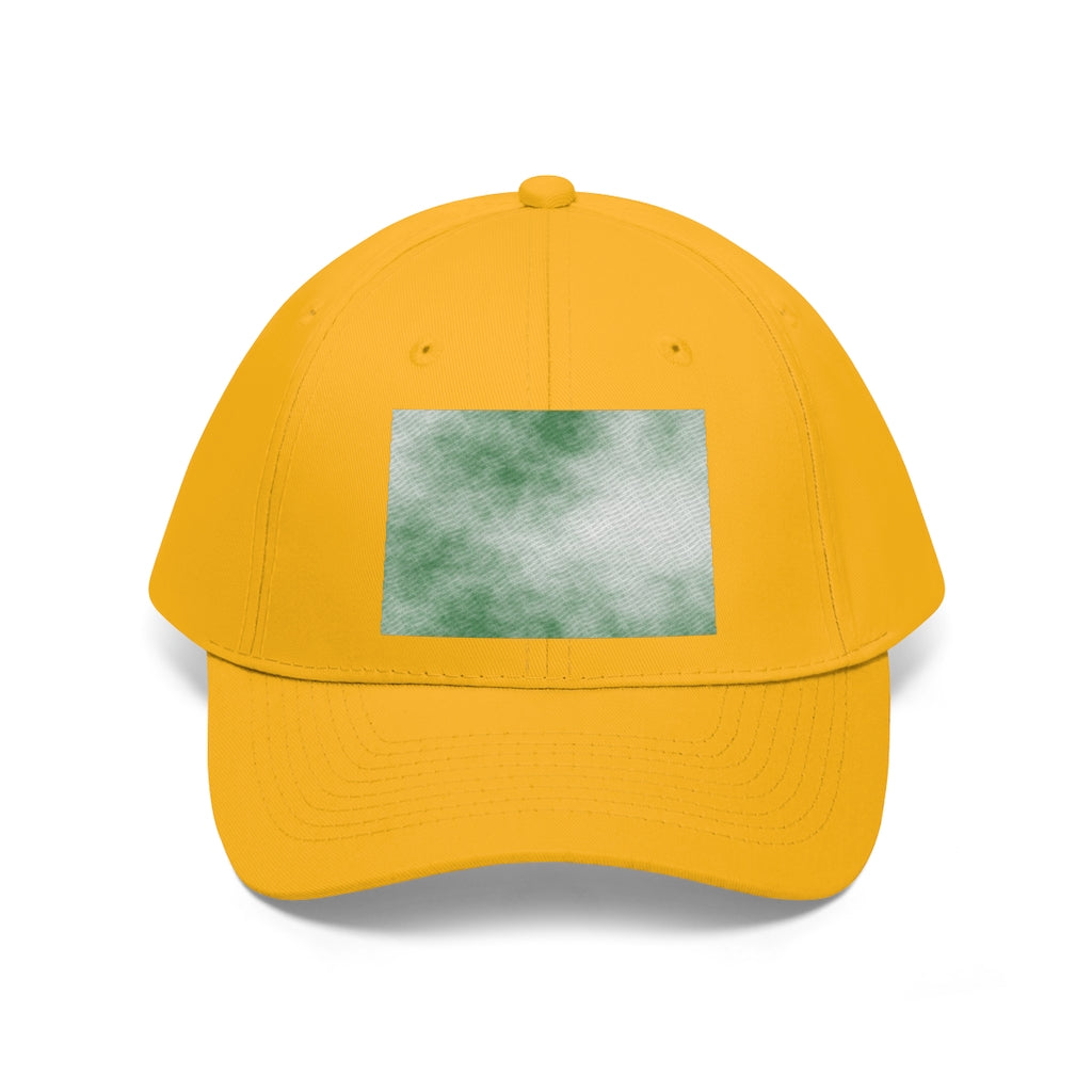 Green Clouds Unisex Twill Hat featuring a classic 6-panel design and adjustable Velcro closure, made from 100% cotton twill.