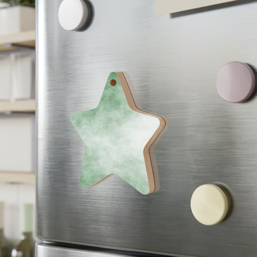 A collection of Green Clouds Wooden Christmas Ornaments in various whimsical shapes, featuring a rustic wood finish and red ribbons for hanging.