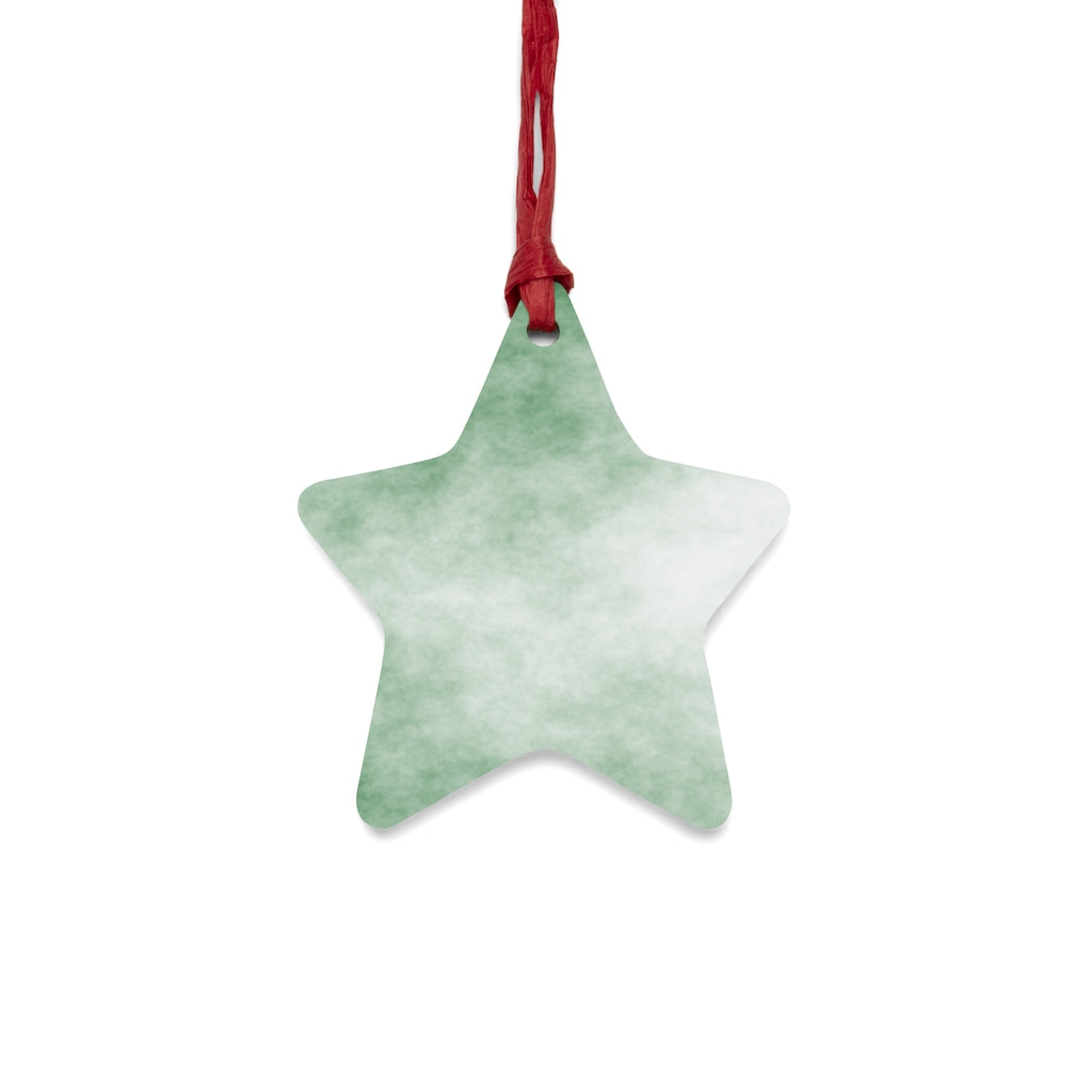 A collection of Green Clouds Wooden Christmas Ornaments in various whimsical shapes, featuring a rustic wood finish and red ribbons for hanging.