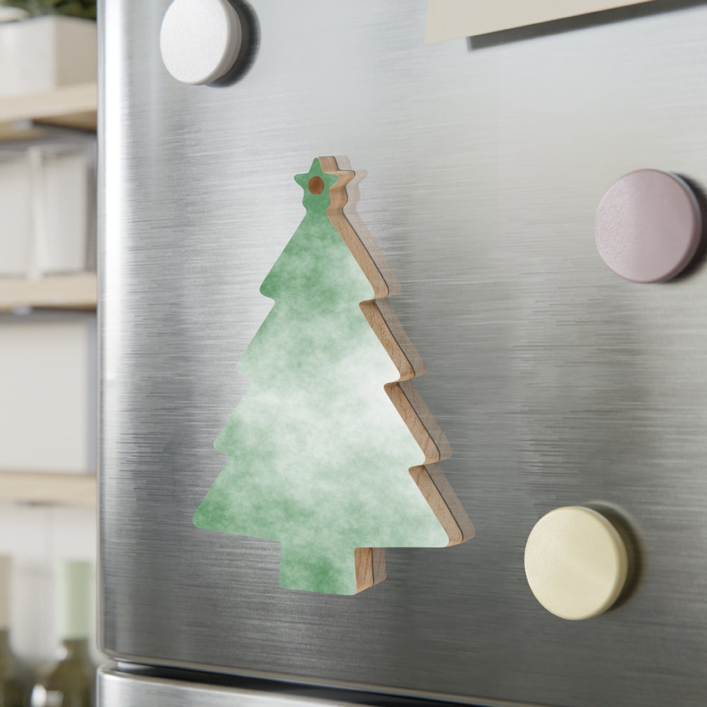 A collection of Green Clouds Wooden Christmas Ornaments in various whimsical shapes, featuring a rustic wood finish and red ribbons for hanging.