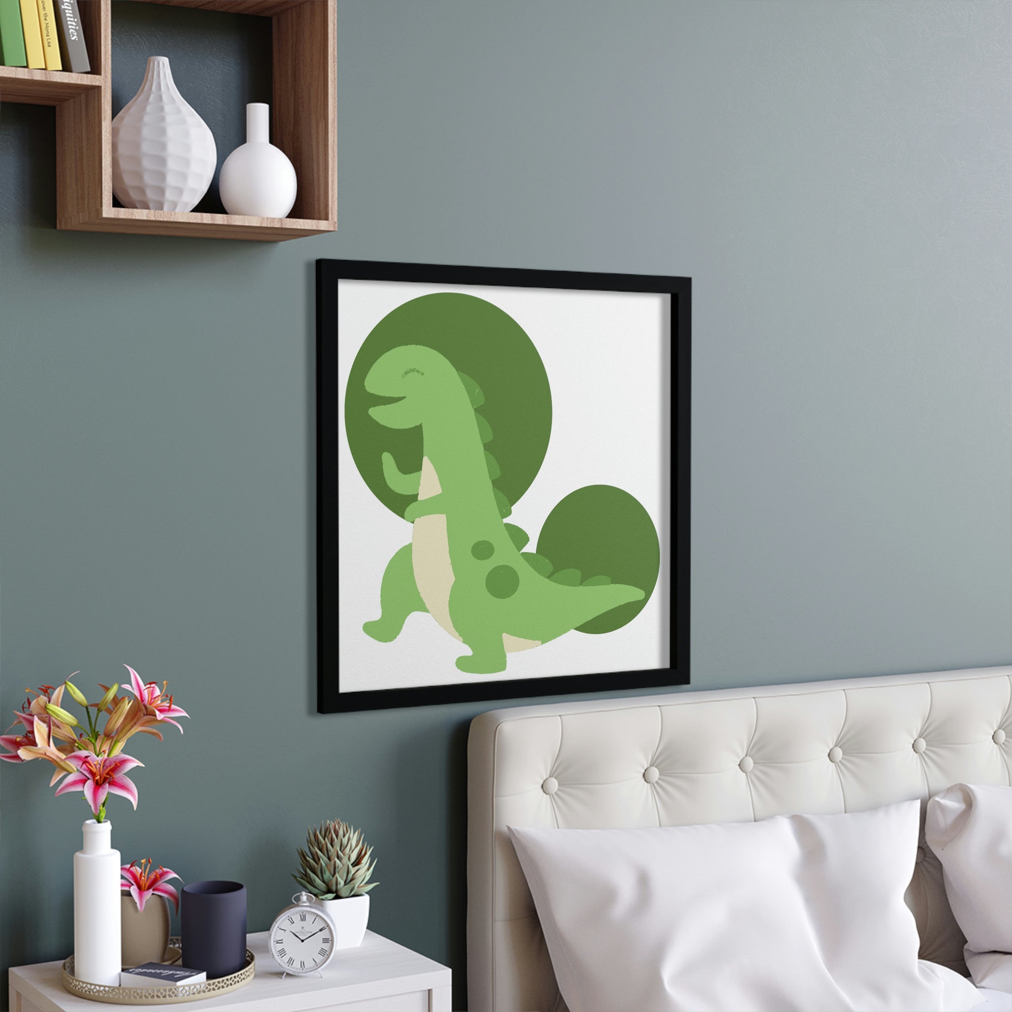 A vibrant Green Dinosaur Framed Poster featuring a playful dinosaur design in a hand-crafted wooden frame, ready for hanging.