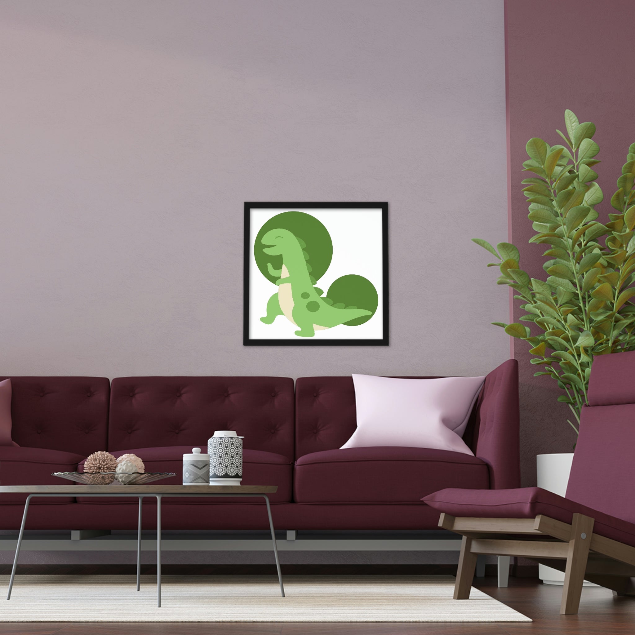 A vibrant Green Dinosaur Framed Poster featuring a playful dinosaur design in a hand-crafted wooden frame, ready for hanging.