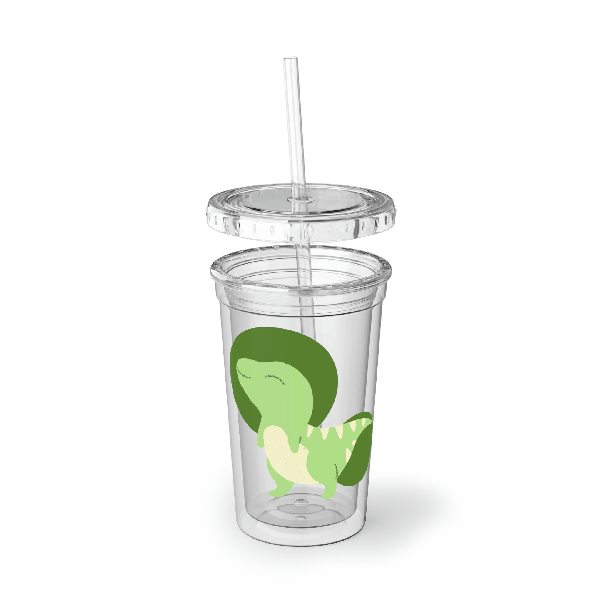 Green Dinosaur Suave Acrylic Cup with double-wall insulation and customizable design, perfect for hot and cold beverages.