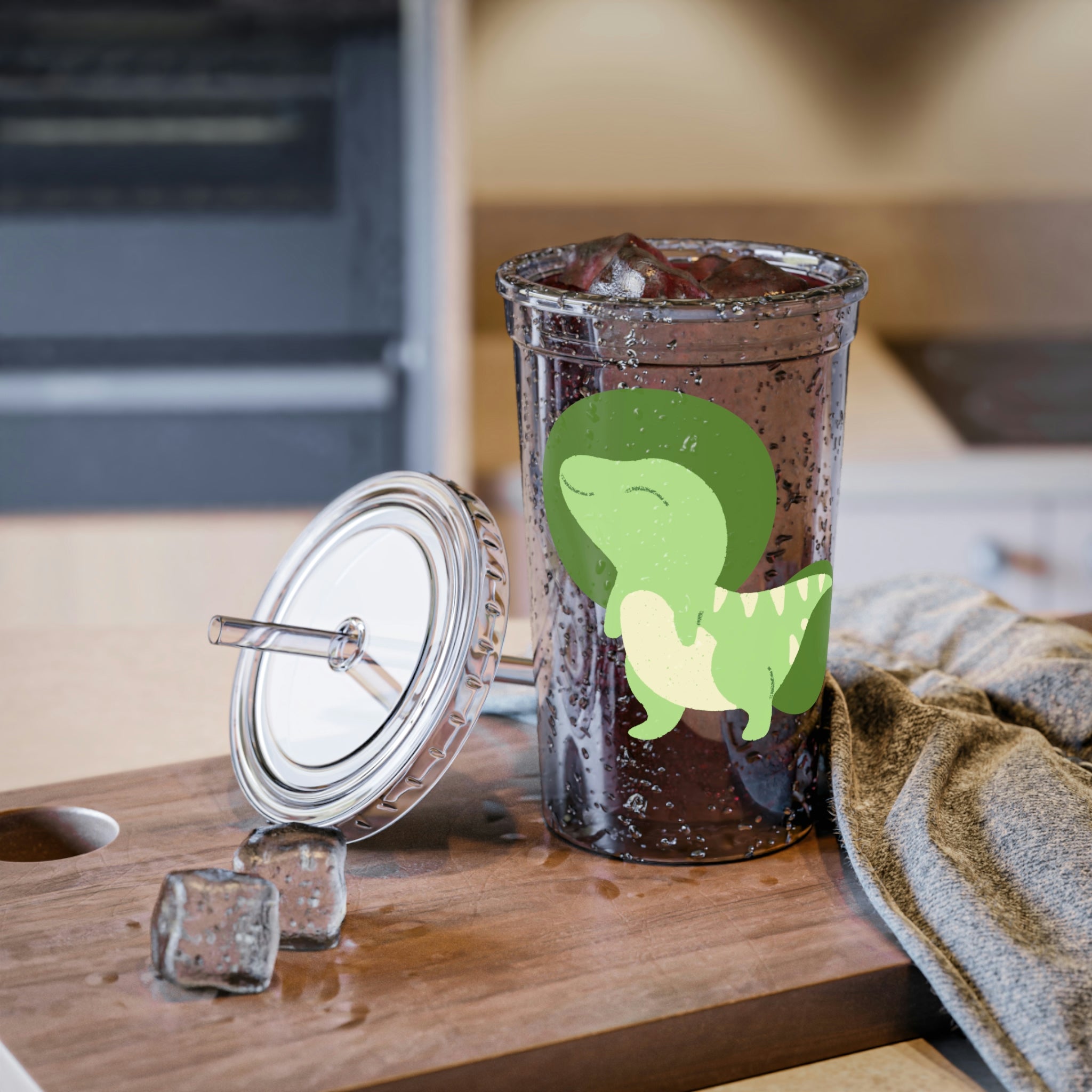 Green Dinosaur Suave Acrylic Cup with double-wall insulation and customizable design, perfect for hot and cold beverages.