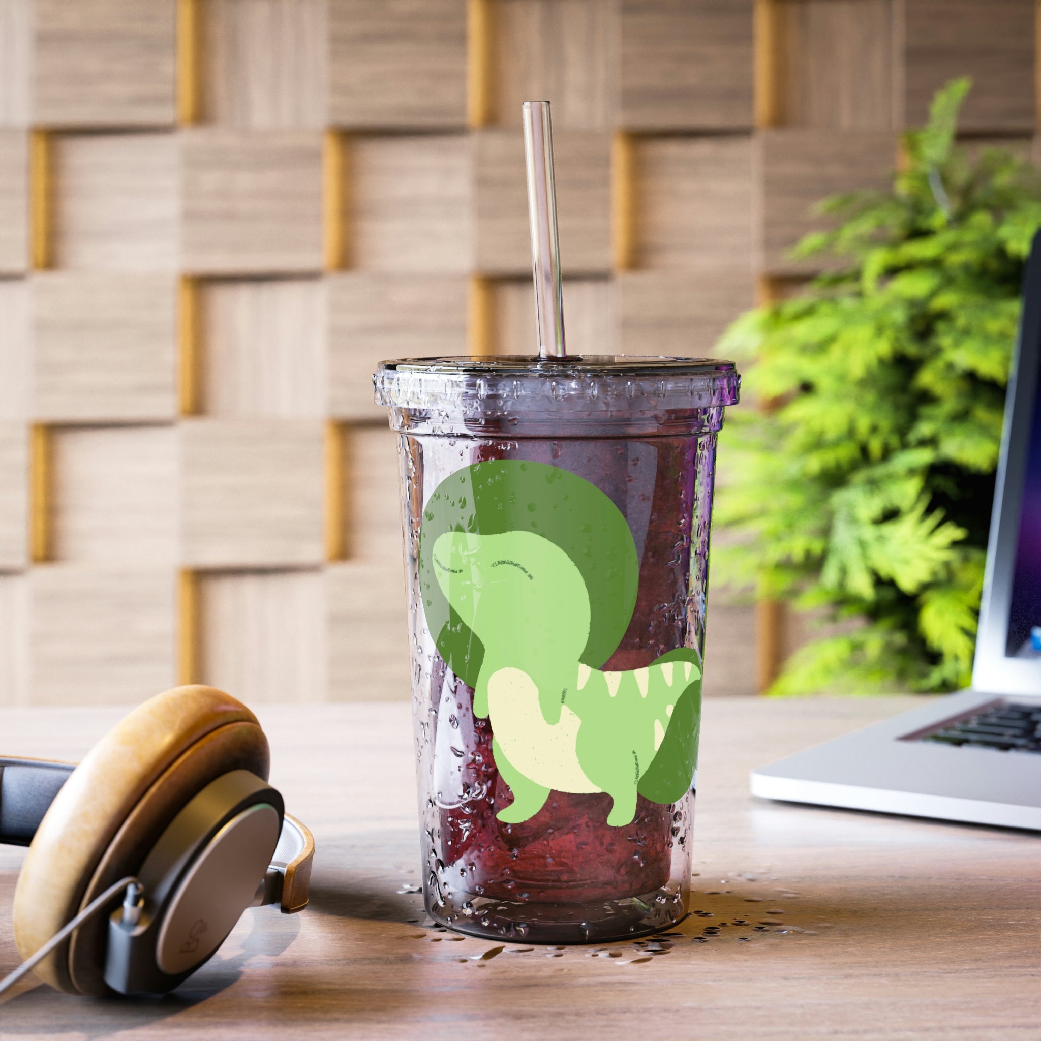 Green Dinosaur Suave Acrylic Cup with double-wall insulation and customizable design, perfect for hot and cold beverages.