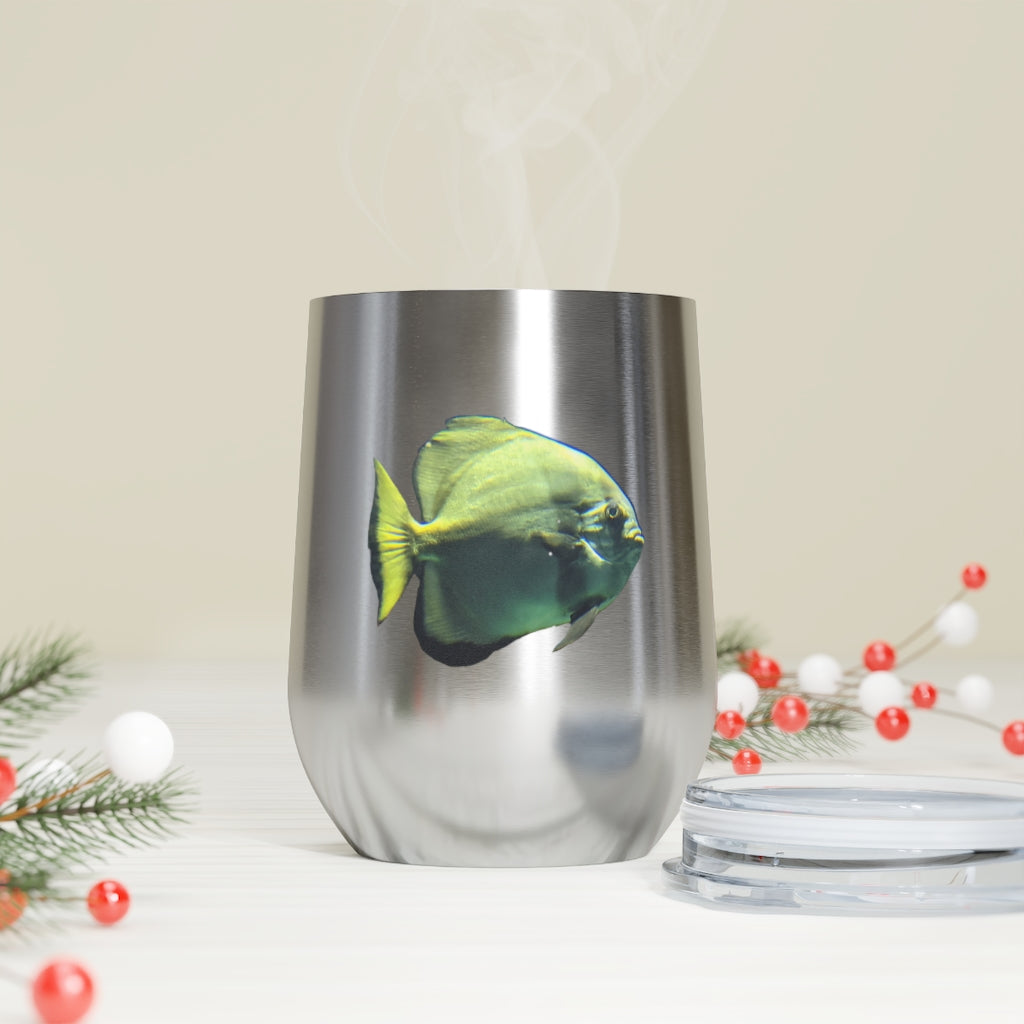 Green Fish 12oz Insulated Wine Tumbler with clear lid and stainless steel body, perfect for hot and cold beverages.