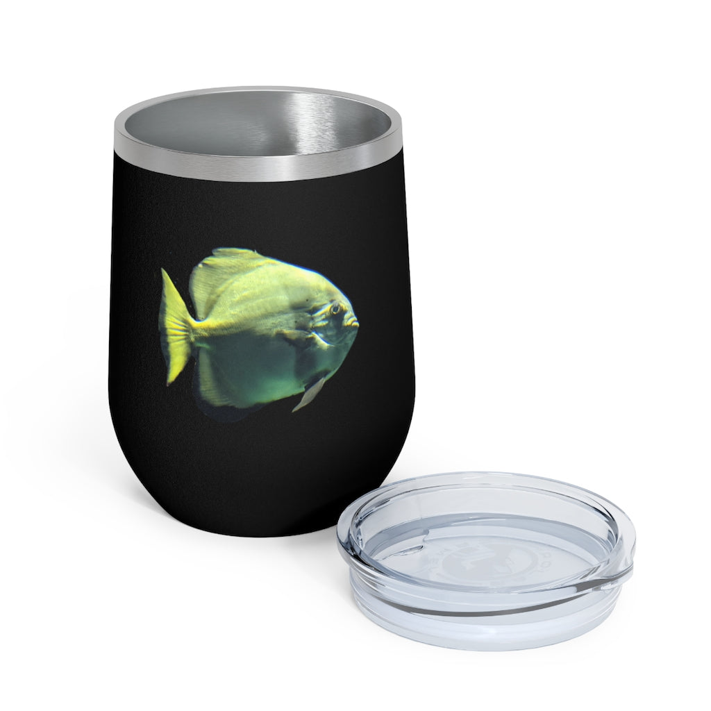 Green Fish 12oz Insulated Wine Tumbler with clear lid and stainless steel body, perfect for hot and cold beverages.