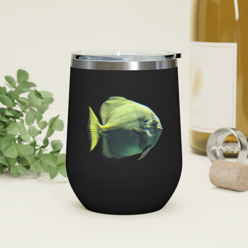 Green Fish 12oz Insulated Wine Tumbler with clear lid and stainless steel body, perfect for hot and cold beverages.