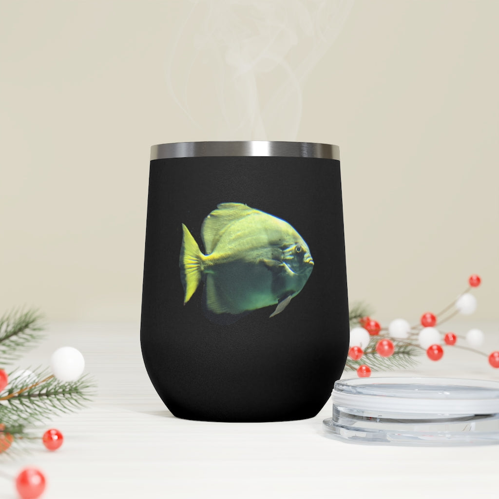 Green Fish 12oz Insulated Wine Tumbler with clear lid and stainless steel body, perfect for hot and cold beverages.