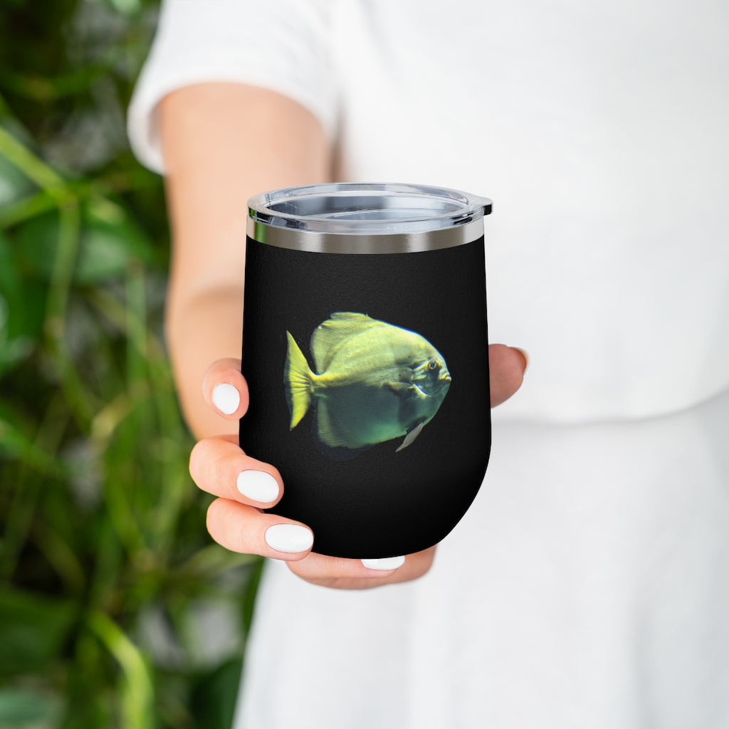 Green Fish 12oz Insulated Wine Tumbler with clear lid and stainless steel body, perfect for hot and cold beverages.