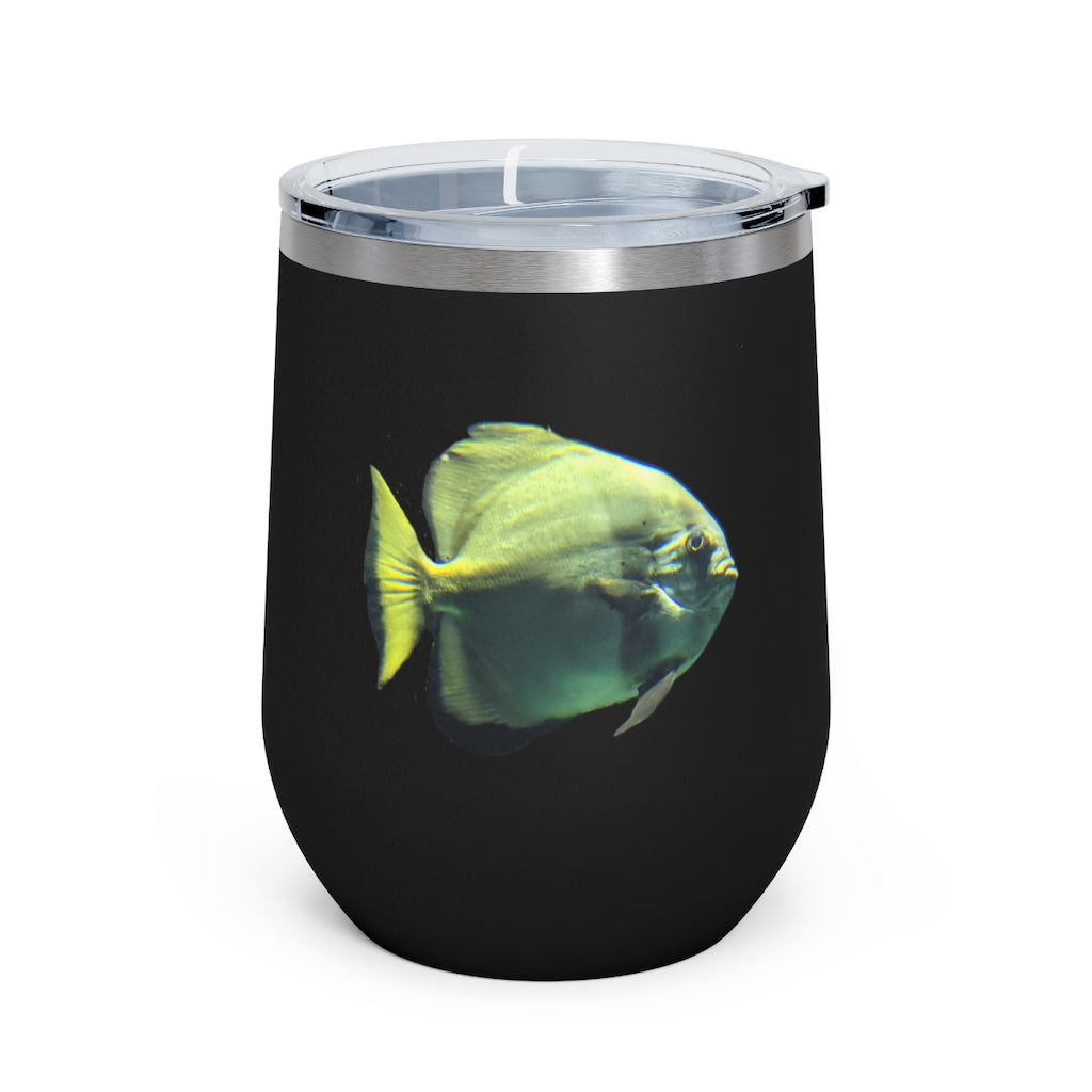 Green Fish 12oz Insulated Wine Tumbler with clear lid and stainless steel body, perfect for hot and cold beverages.