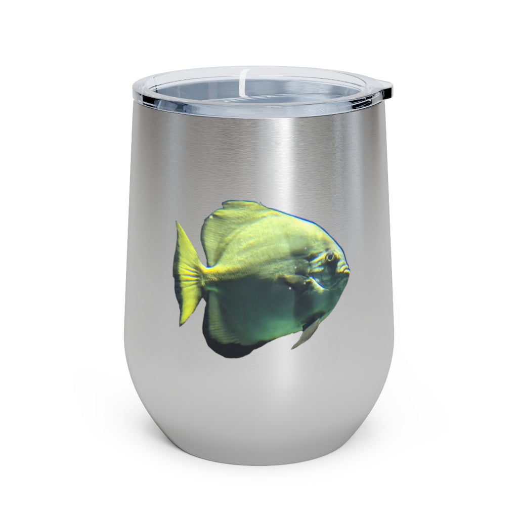 Green Fish 12oz Insulated Wine Tumbler with clear lid and stainless steel body, perfect for hot and cold beverages.