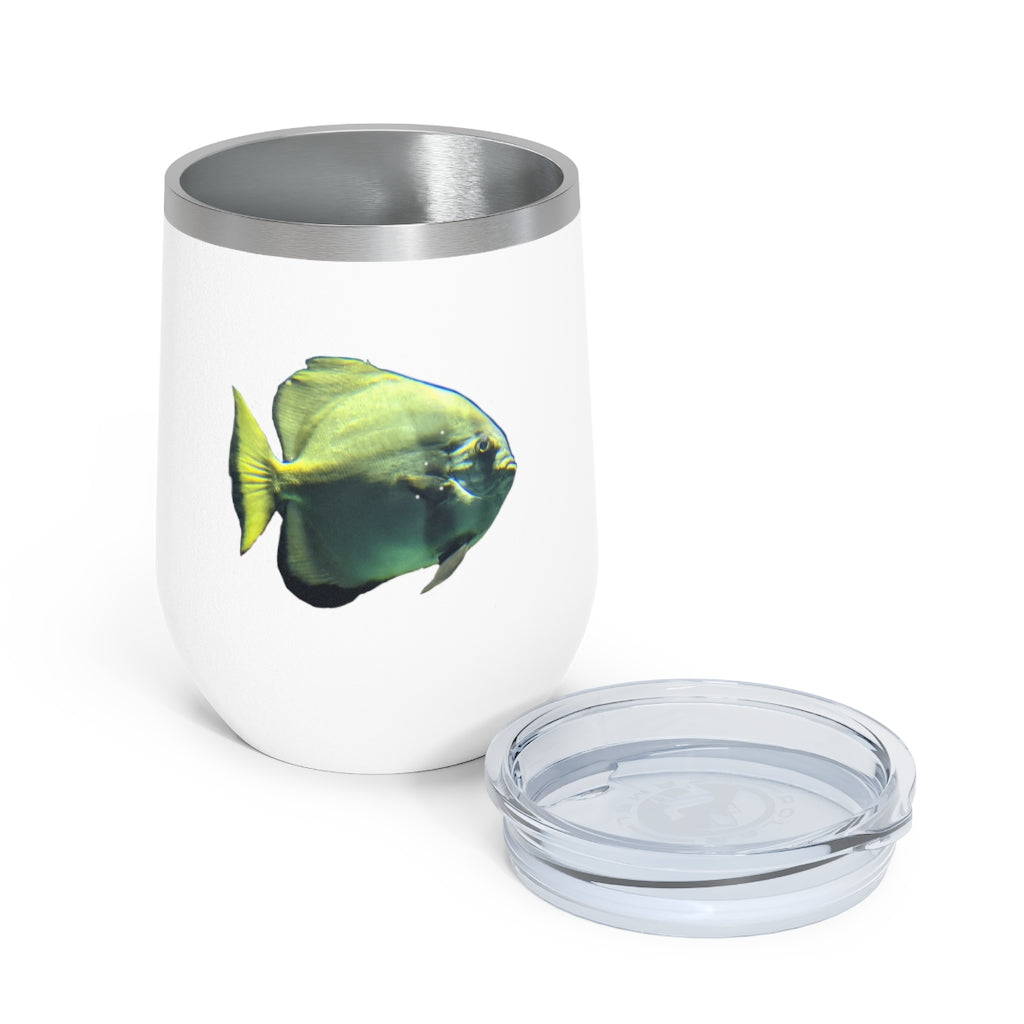 Green Fish 12oz Insulated Wine Tumbler with clear lid and stainless steel body, perfect for hot and cold beverages.