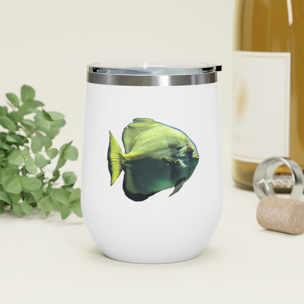 Green Fish 12oz Insulated Wine Tumbler with clear lid and stainless steel body, perfect for hot and cold beverages.