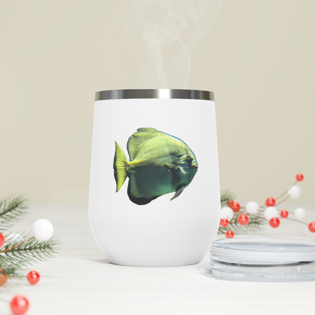 Green Fish 12oz Insulated Wine Tumbler with clear lid and stainless steel body, perfect for hot and cold beverages.