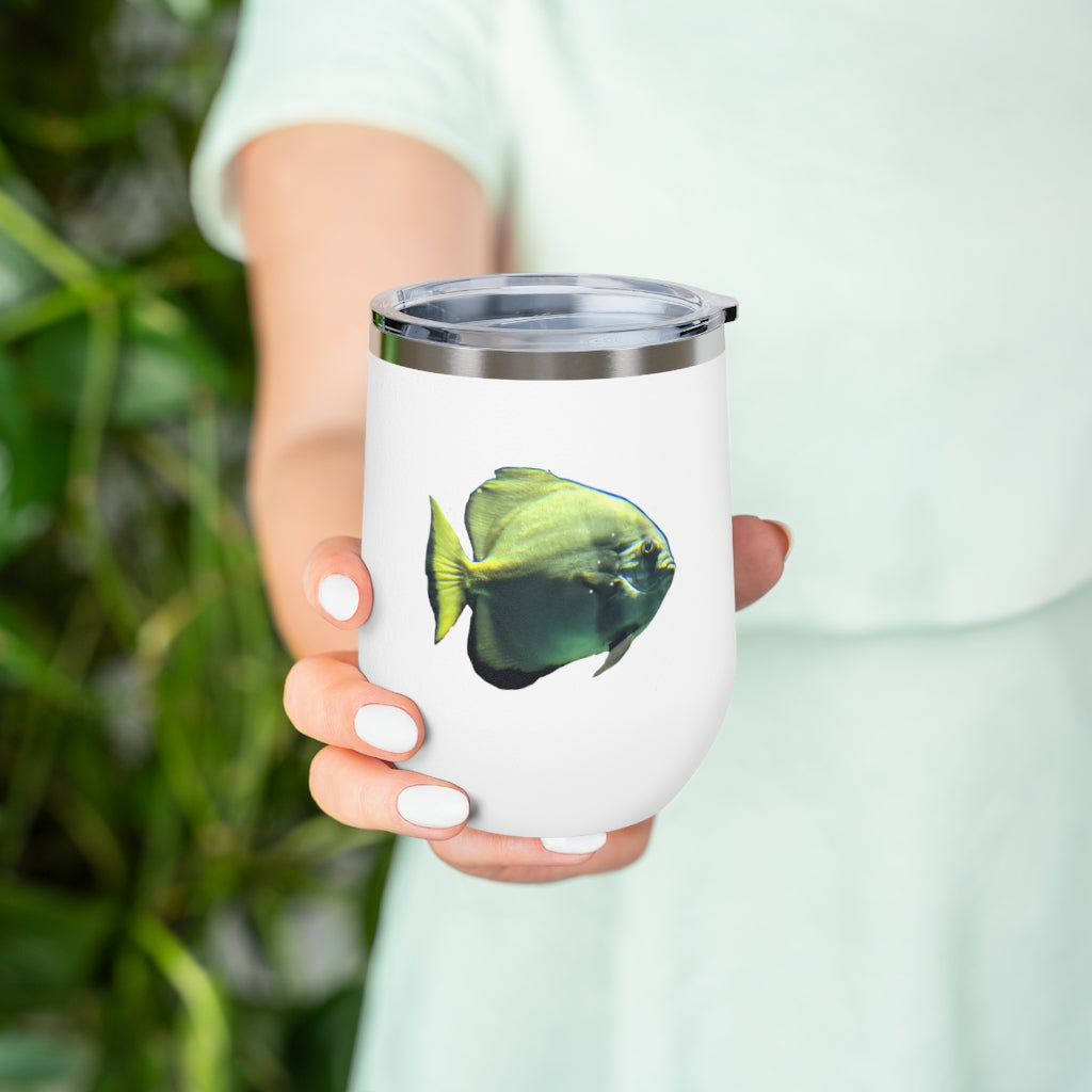 Green Fish 12oz Insulated Wine Tumbler with clear lid and stainless steel body, perfect for hot and cold beverages.