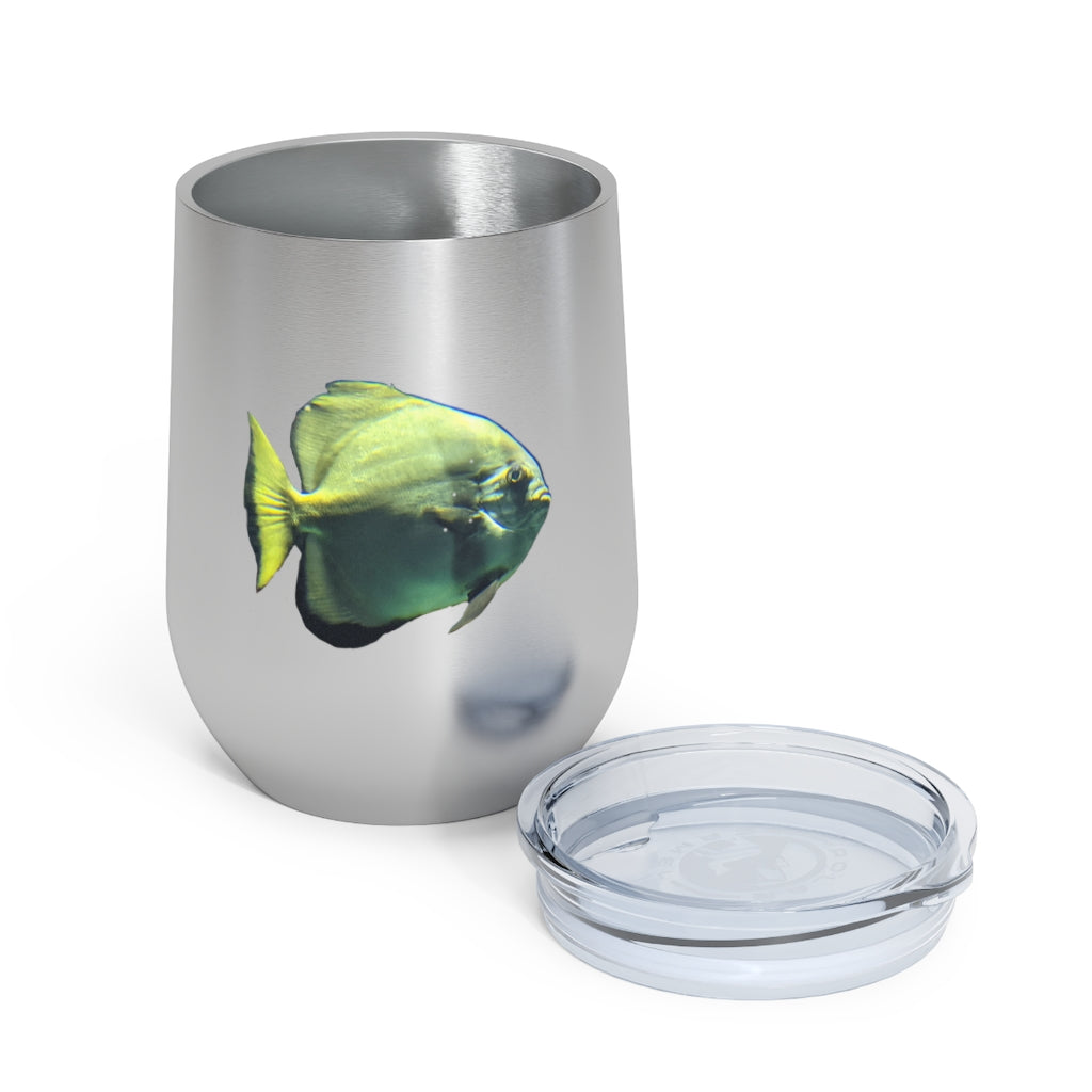 Green Fish 12oz Insulated Wine Tumbler with clear lid and stainless steel body, perfect for hot and cold beverages.