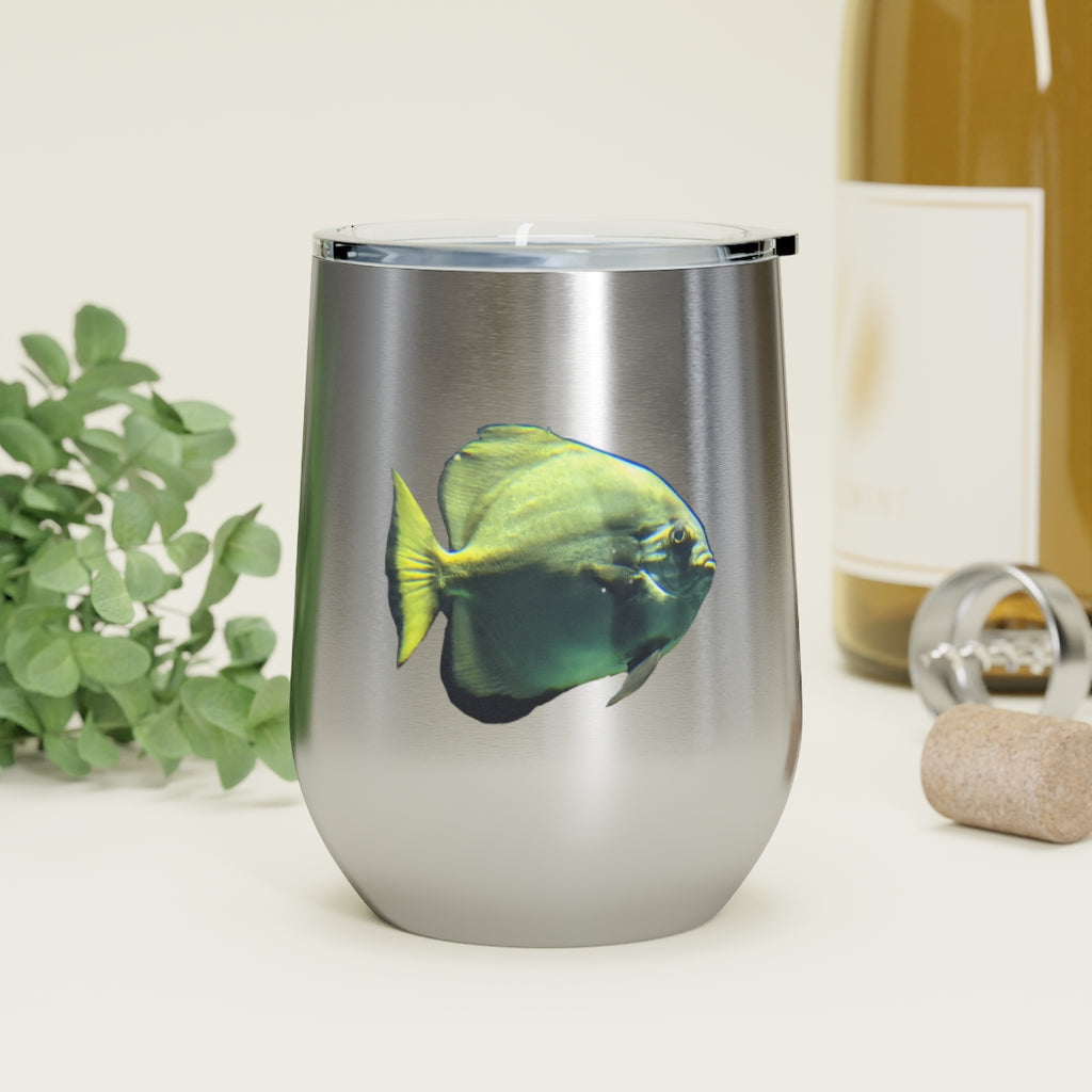 Green Fish 12oz Insulated Wine Tumbler with clear lid and stainless steel body, perfect for hot and cold beverages.