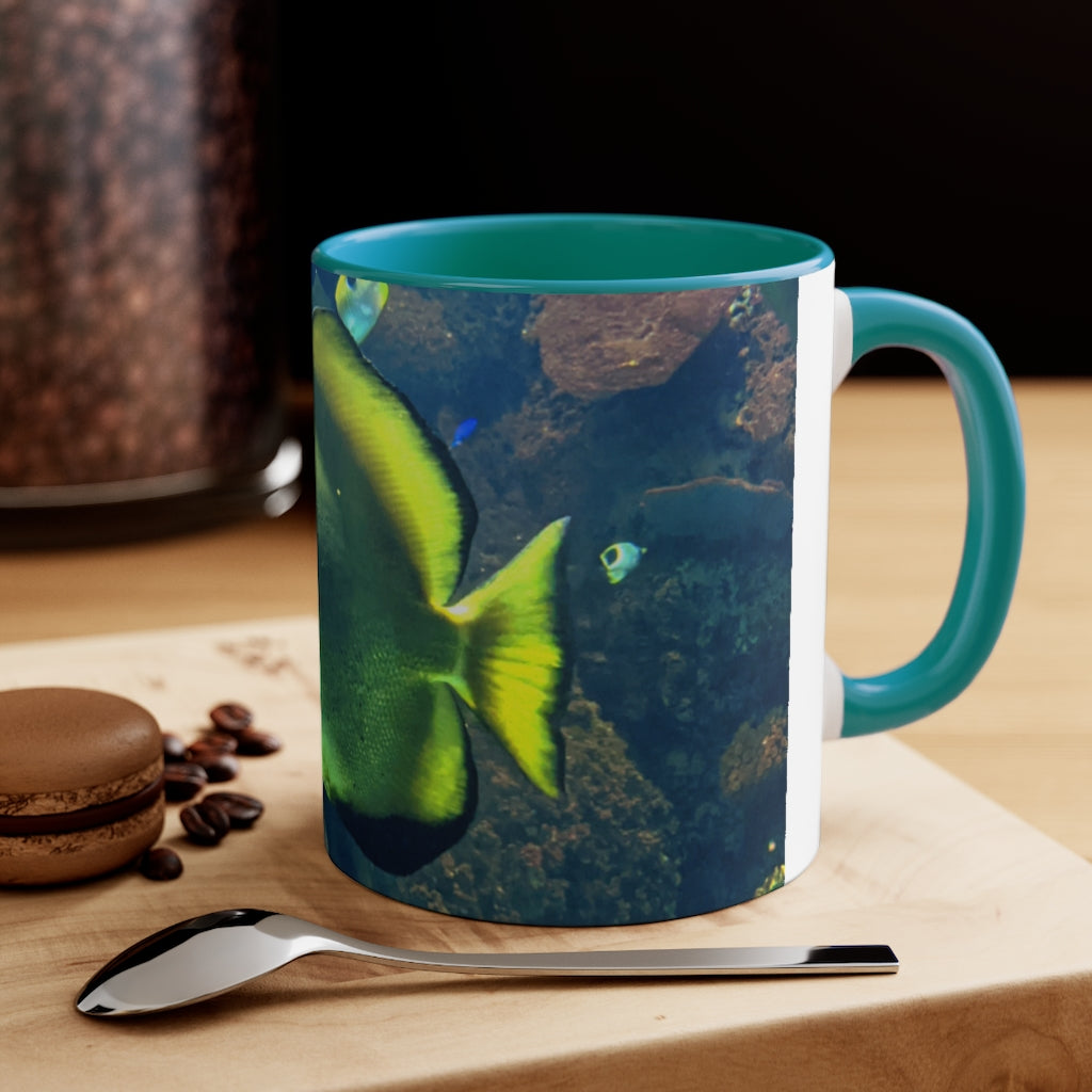 Green Fish 11oz Accent Mug with vibrant green interior and handle, showcasing a stylish design for personalized artwork.