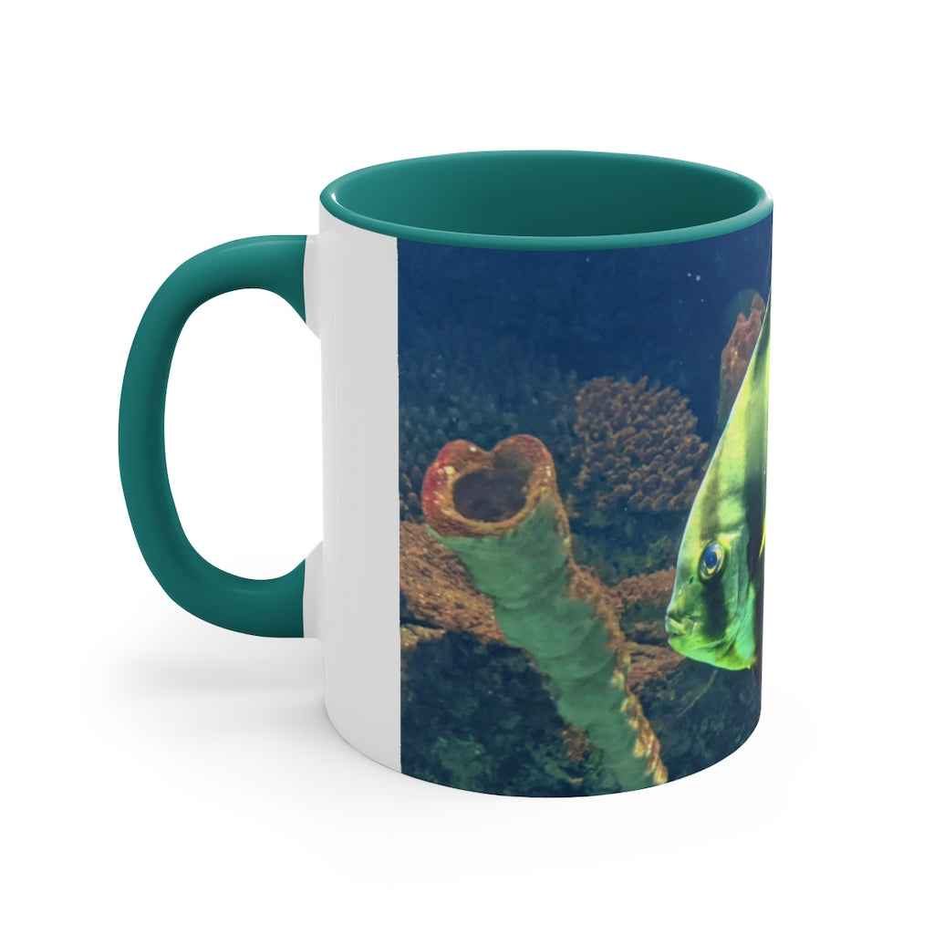 Green Fish 11oz Accent Mug with vibrant green interior and handle, showcasing a stylish design for personalized artwork.