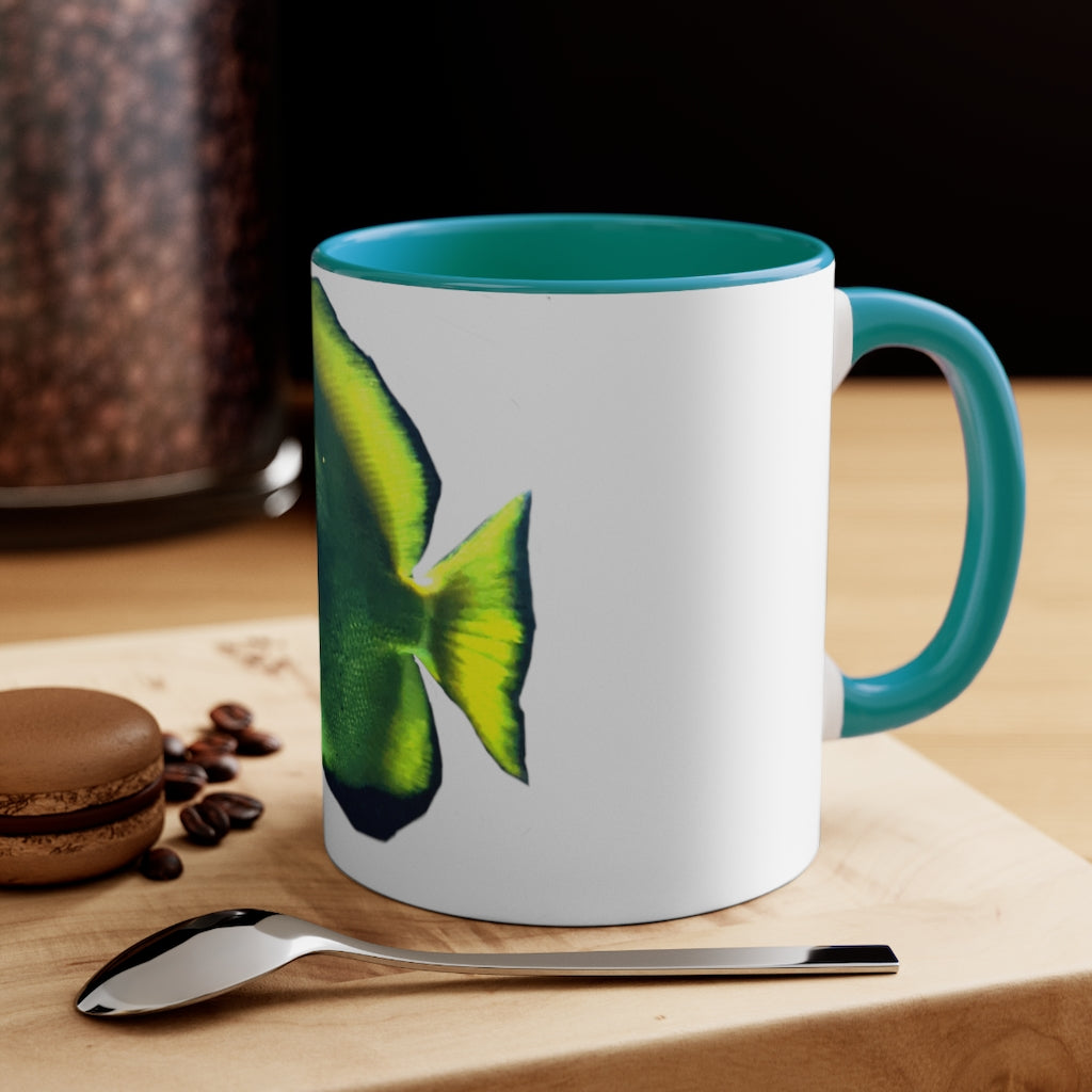 Green Fish 11oz Accent Mug with vibrant green interior and handle, showcasing a stylish design for personalized artwork.