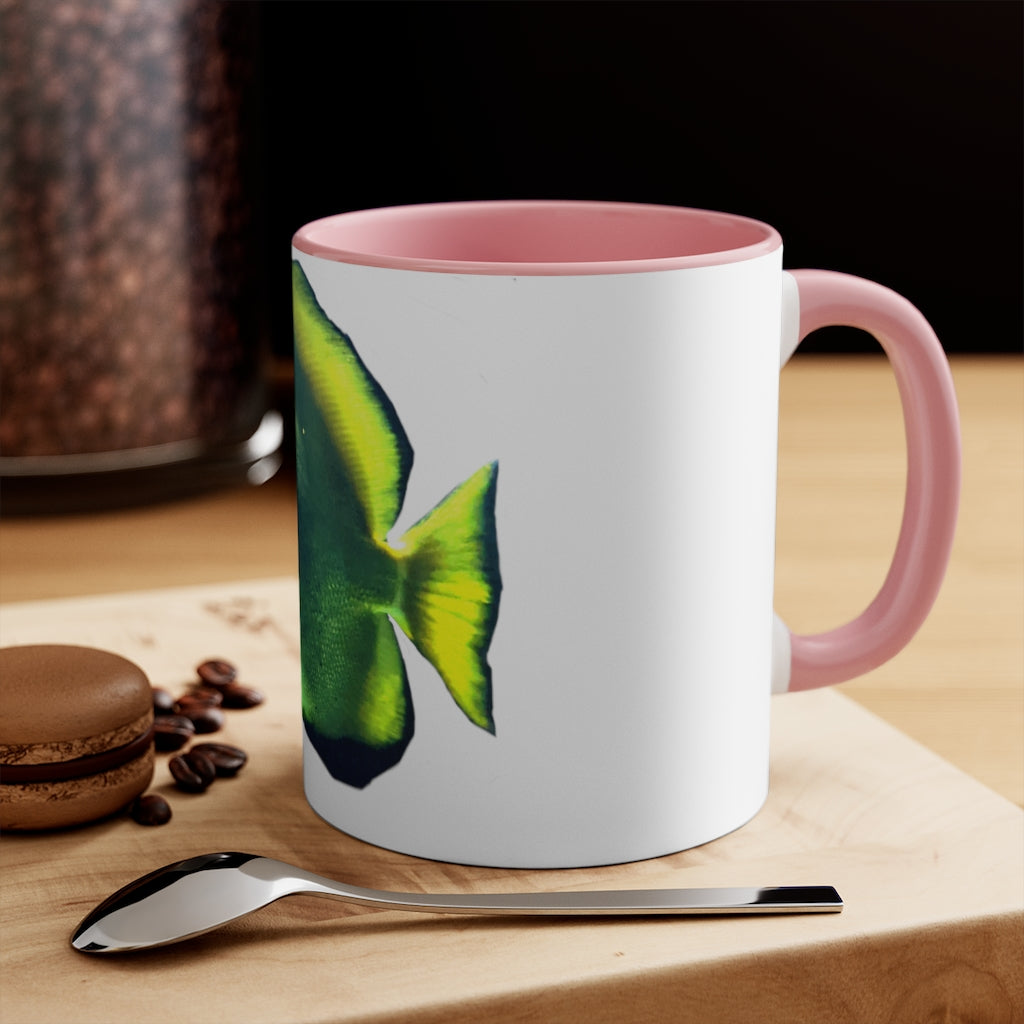 Green Fish 11oz Accent Mug with vibrant green interior and handle, showcasing a stylish design for personalized artwork.