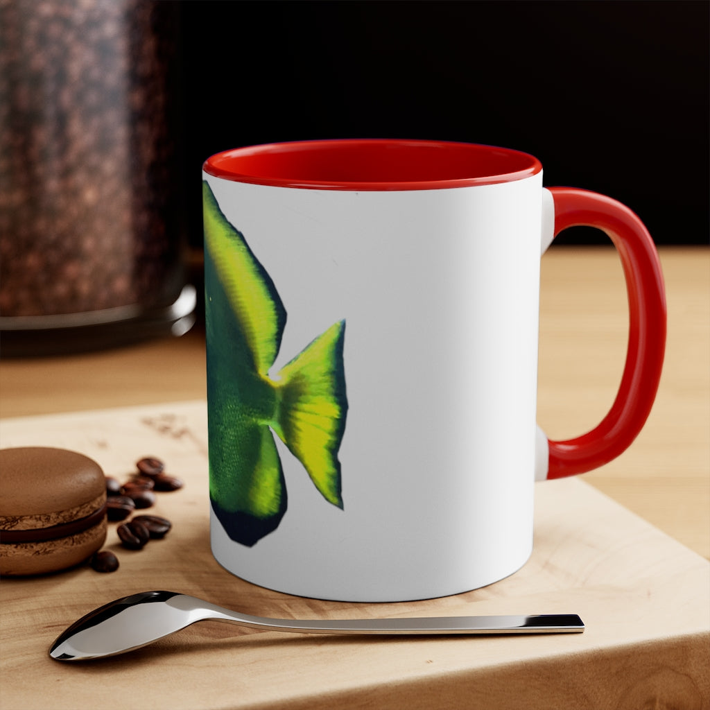 Green Fish 11oz Accent Mug with vibrant green interior and handle, showcasing a stylish design for personalized artwork.