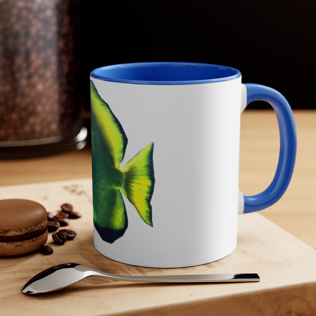 Green Fish 11oz Accent Mug with vibrant green interior and handle, showcasing a stylish design for personalized artwork.