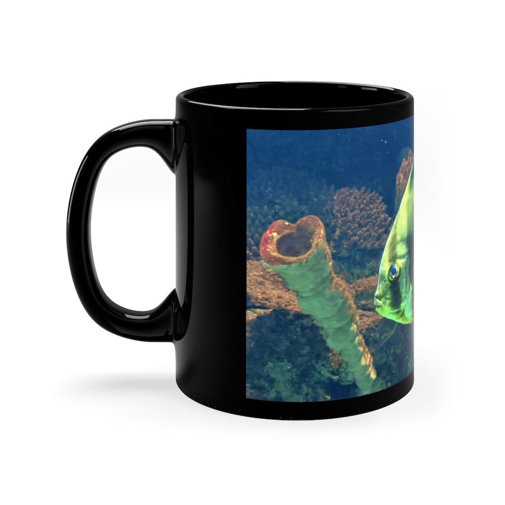 Green Fish 11oz black ceramic mug with a C-handle, perfect for coffee, tea, or hot chocolate.