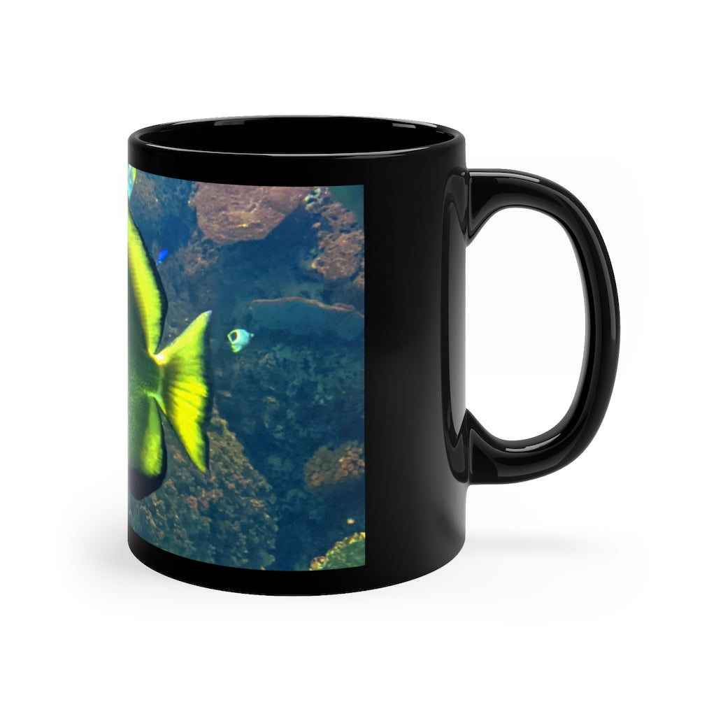 Green Fish 11oz black ceramic mug with a C-handle, perfect for coffee, tea, or hot chocolate.