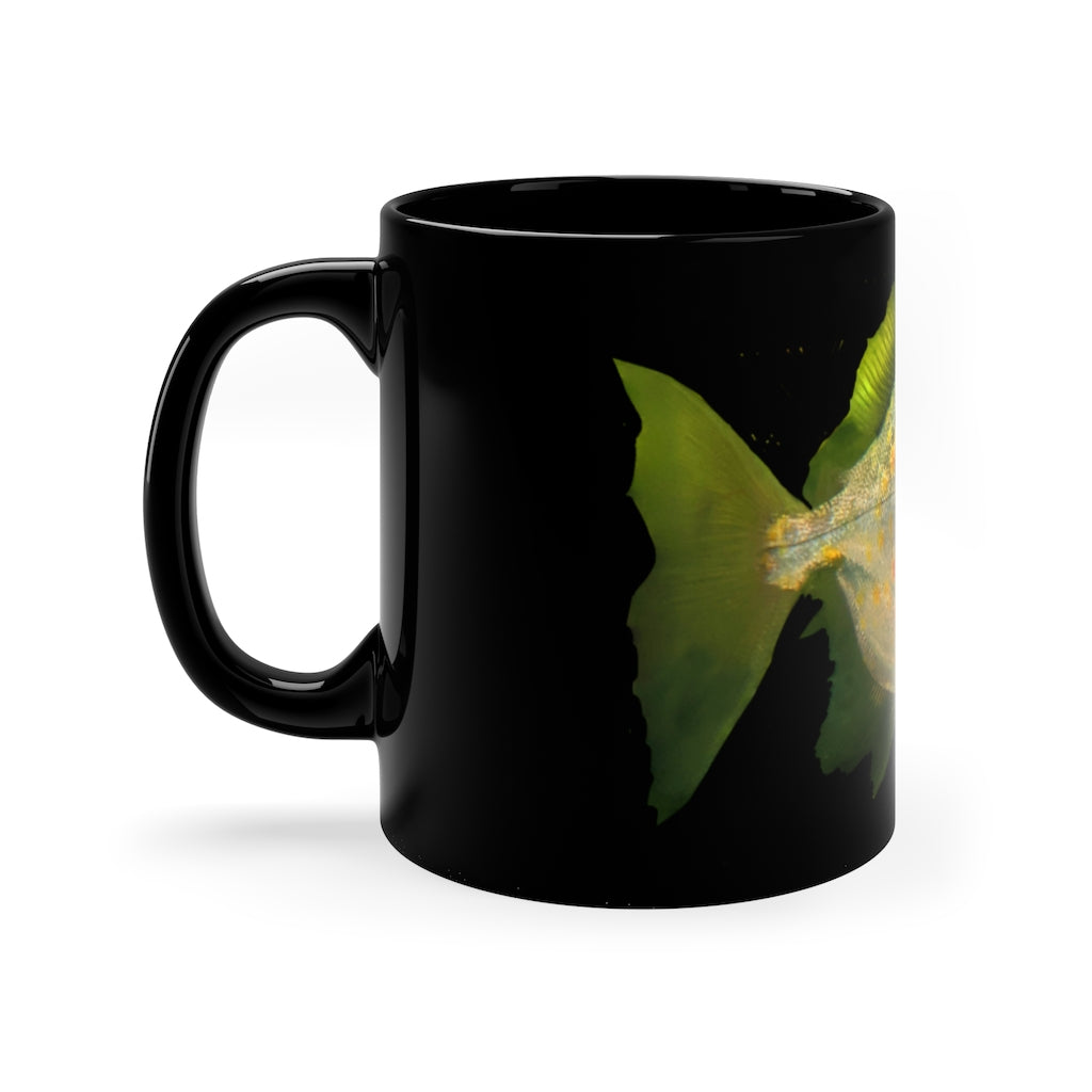 Green Fish 11oz black ceramic mug with a C-handle, perfect for coffee, tea, or hot chocolate.