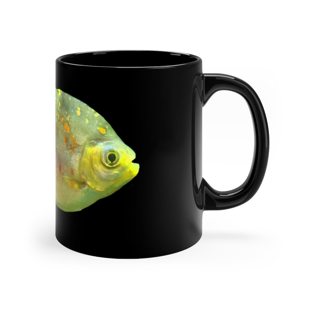 Green Fish 11oz black ceramic mug with a C-handle, perfect for coffee, tea, or hot chocolate.