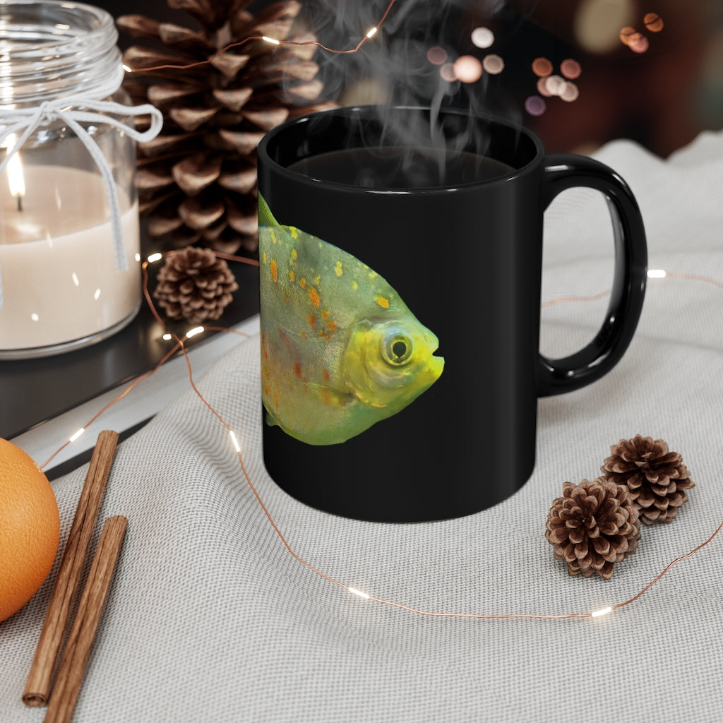 Green Fish 11oz black ceramic mug with a C-handle, perfect for coffee, tea, or hot chocolate.