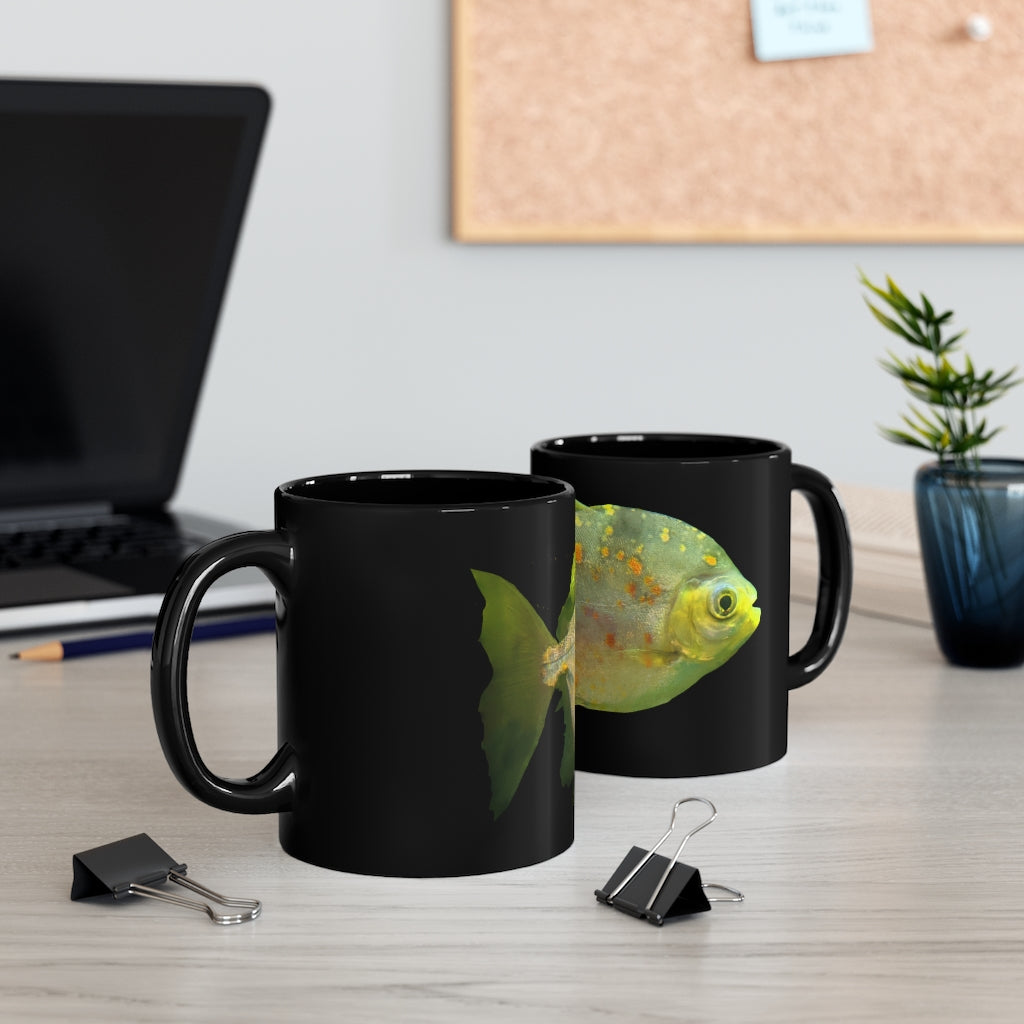 Green Fish 11oz black ceramic mug with a C-handle, perfect for coffee, tea, or hot chocolate.