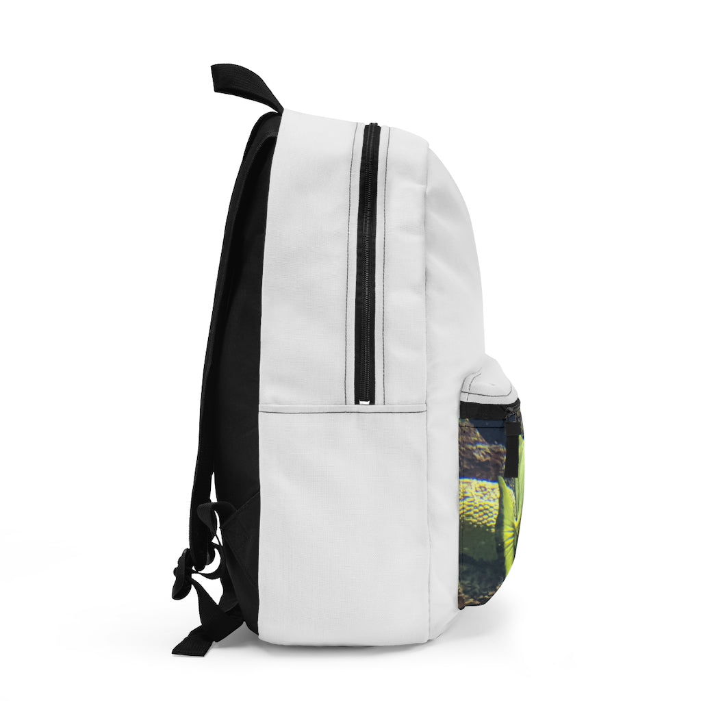 Green Fish Backpack made in USA, featuring adjustable straps and a custom name tag, perfect for travel and daily use.