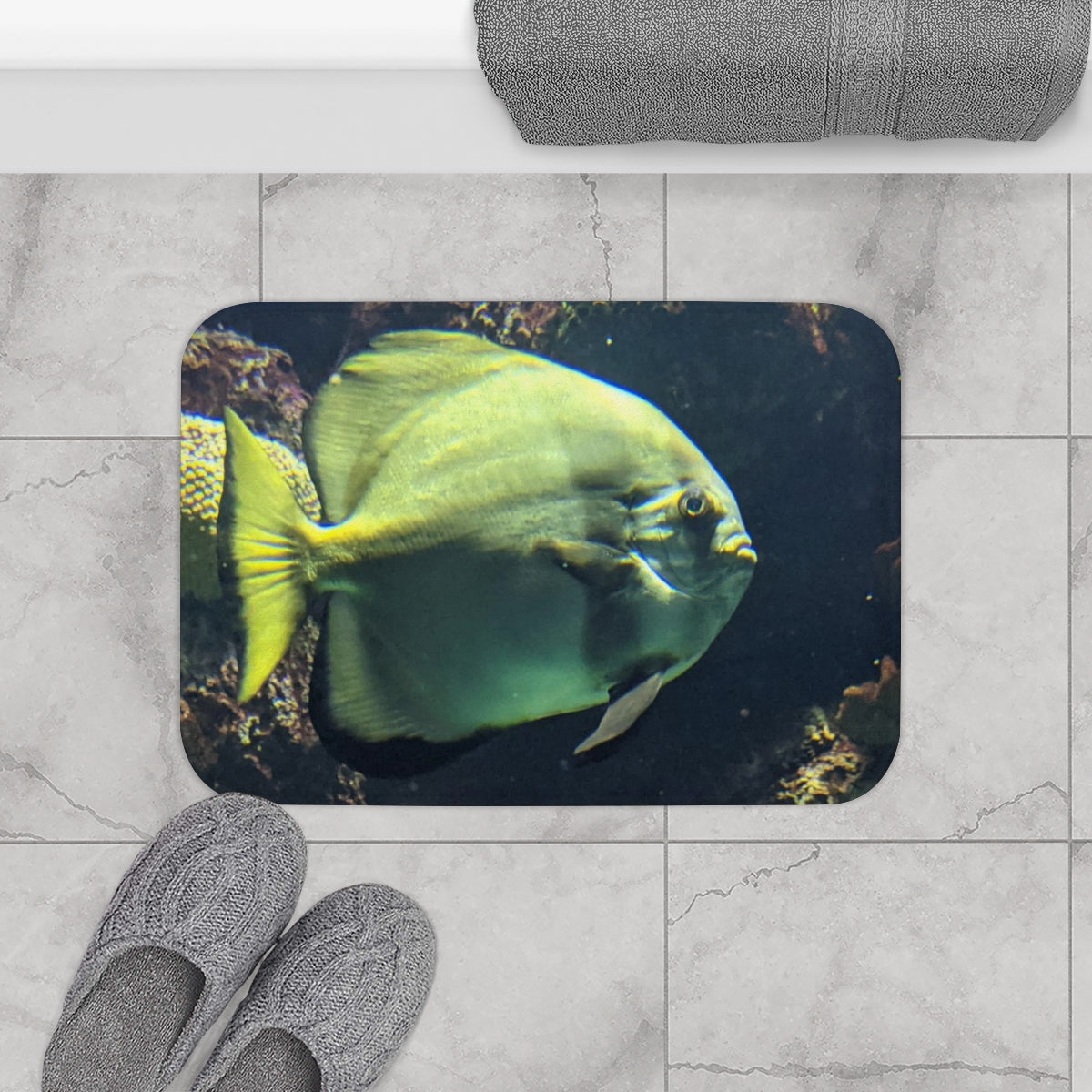 Green Fish Bath Mat with anti-slip backing, featuring a vibrant fish design and soft microfiber material.