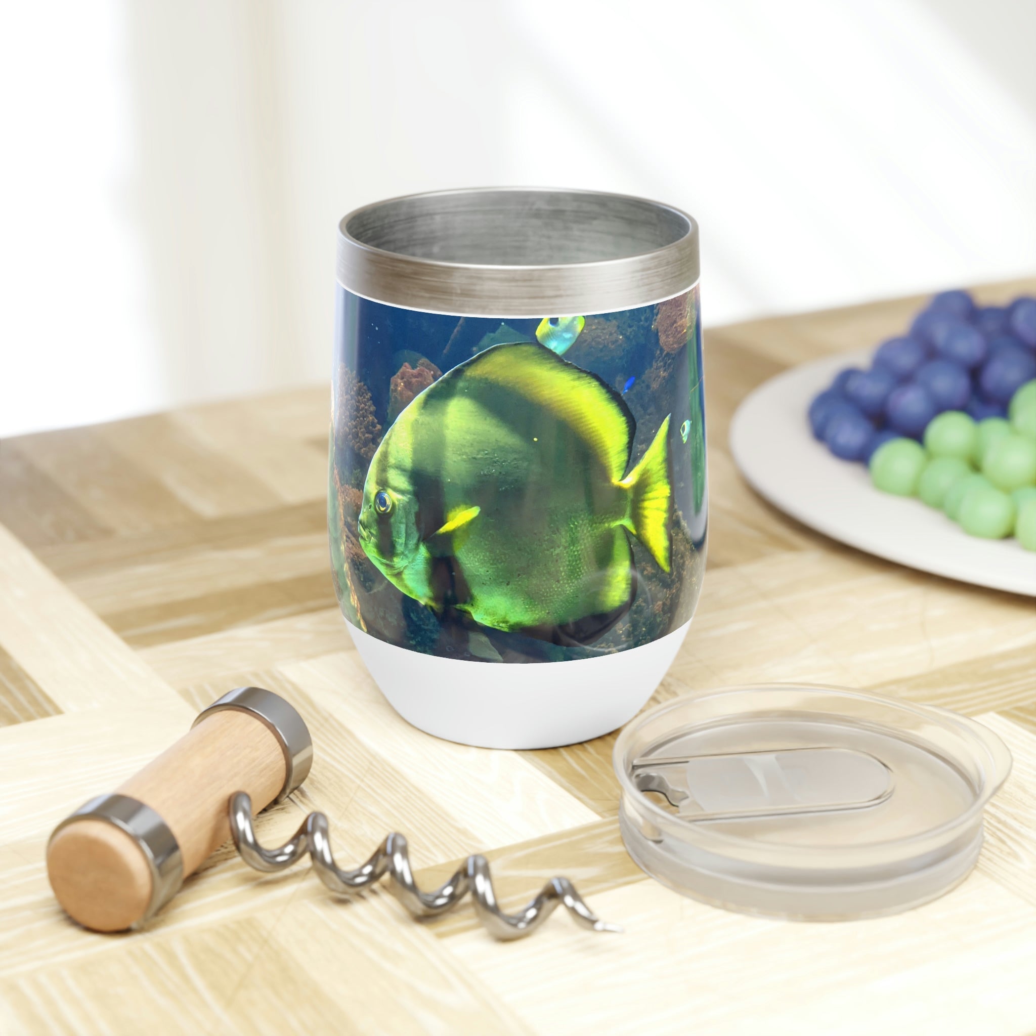 Green Fish Chill Wine Tumbler with double-insulated walls, showcasing a sleek stainless steel design.