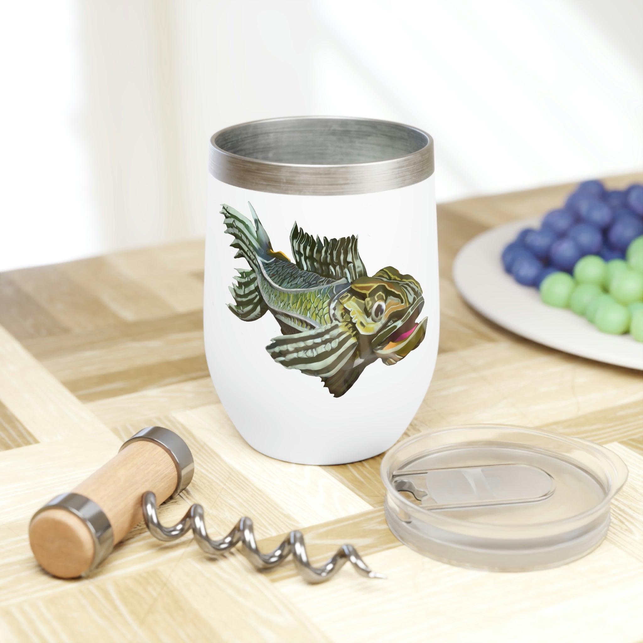 Green Fish Chill Wine Tumbler with double-insulated walls and customizable design, perfect for wine lovers.