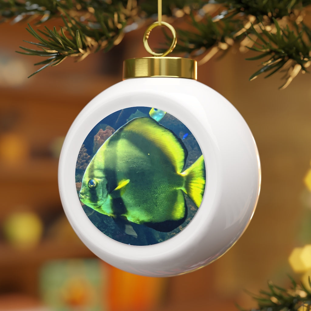 A beautiful Green Fish Christmas Ball Ornament with a glossy finish and gold ribbon, featuring a vintage design and customizable metal insert.